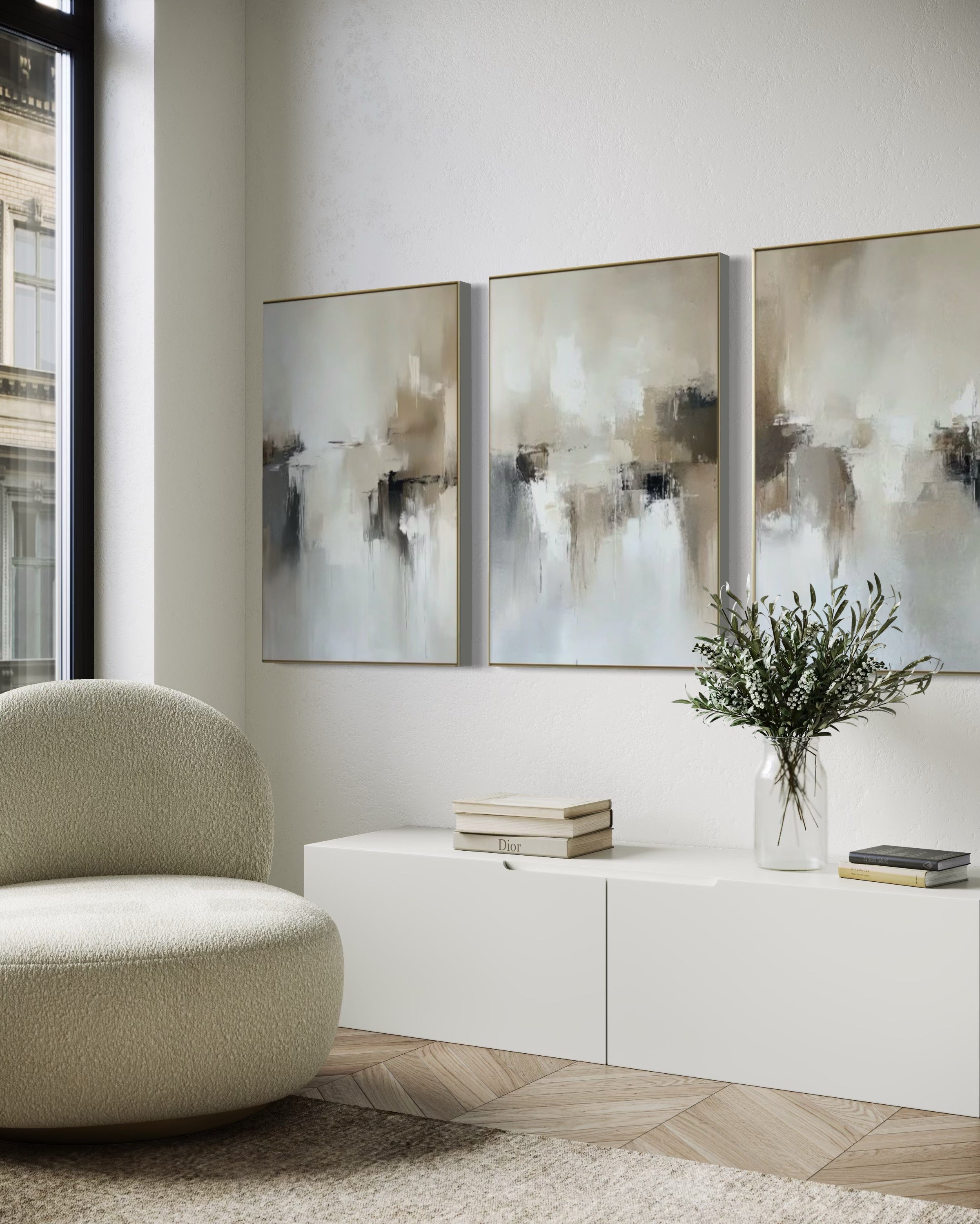 Set Cuadros Decorativos Abstracto Negro Arena 2 - 201 - Triptico Estilo Nordico Arte Moderno en Tonos Neutros