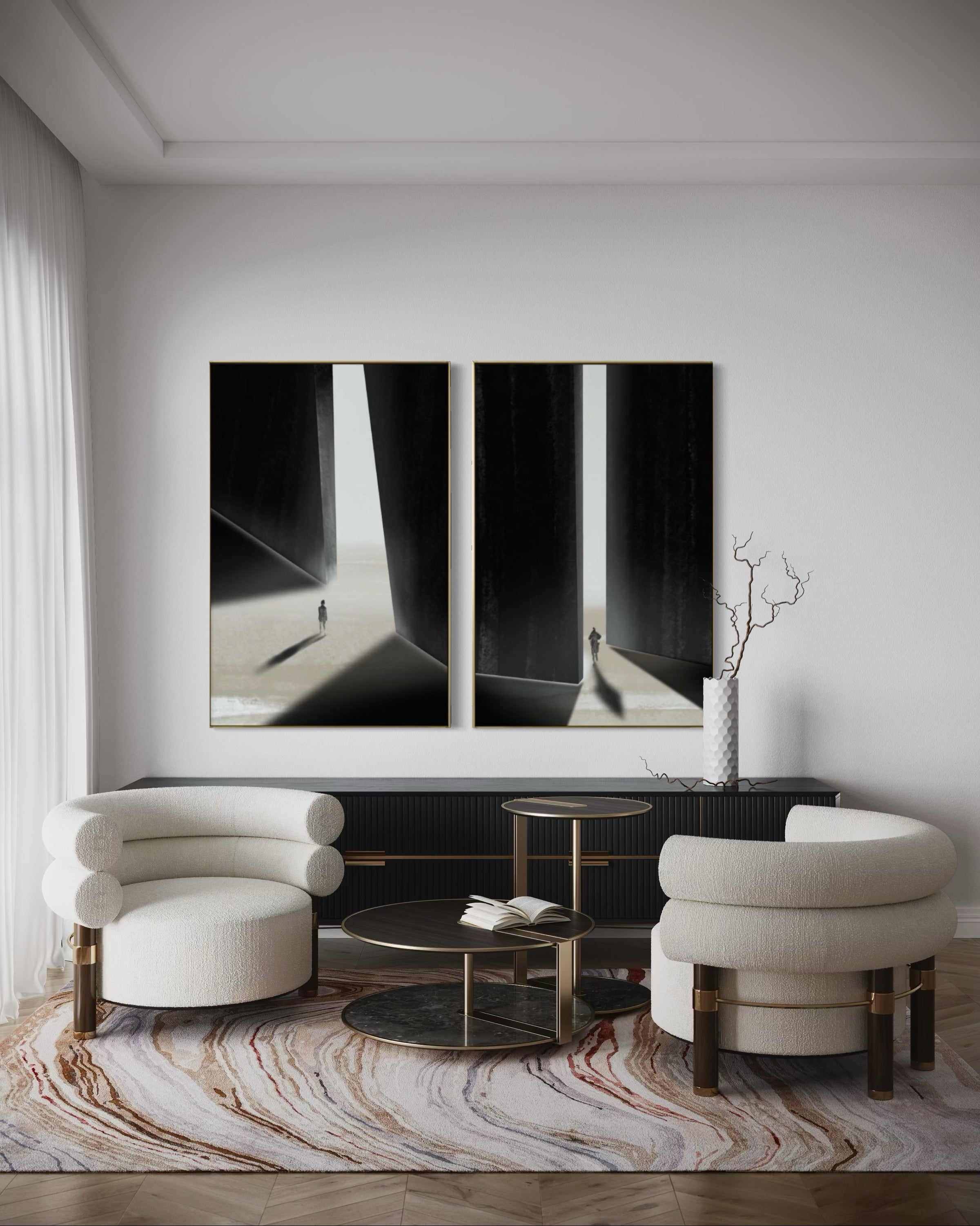 Set Cuadros Decorativos Abstracto Negro Arena 2 - 237 - Diptico Siluetas Humanas Arte Moderno Minimalista Puertas Estilo Nordico Tonos Neutros