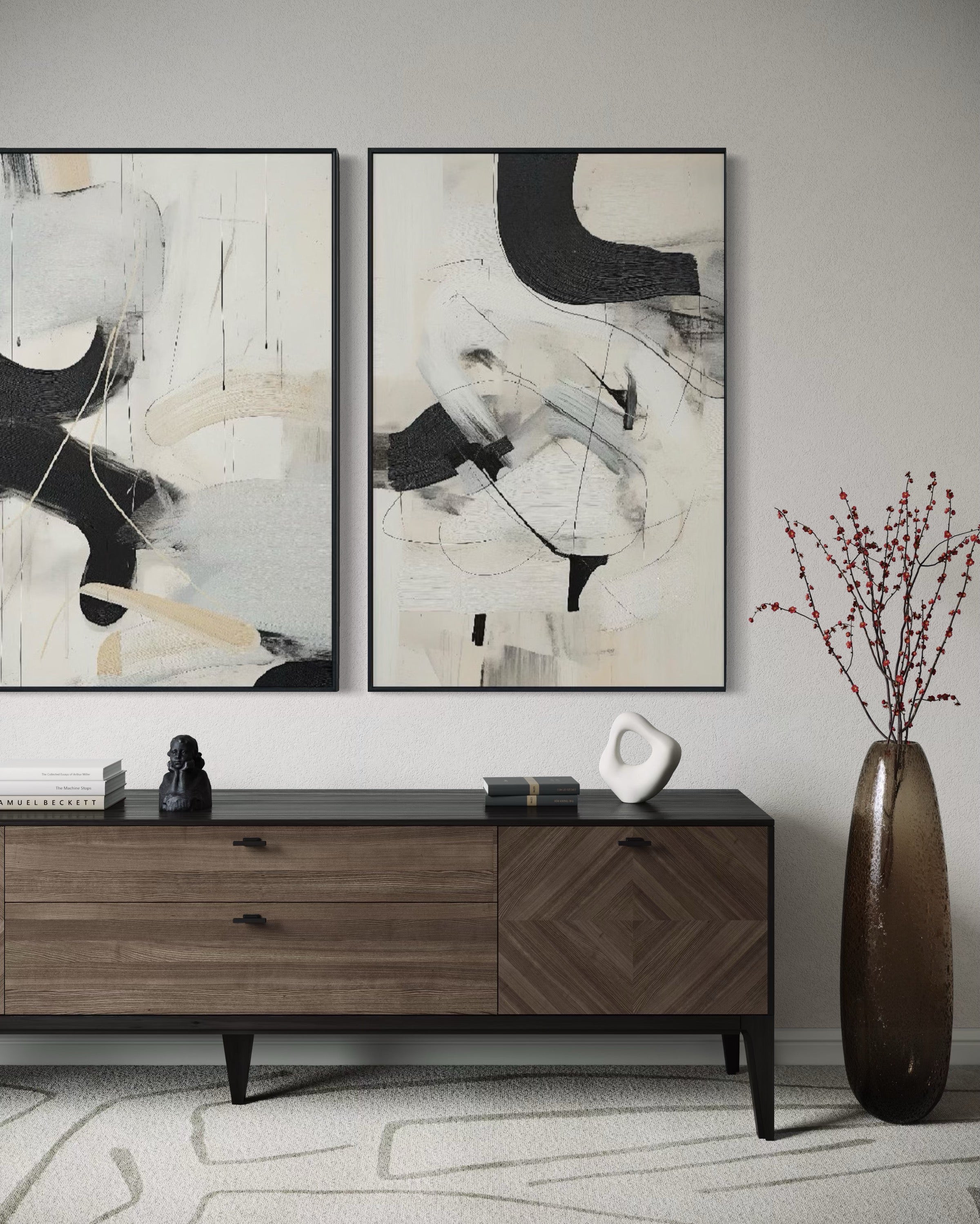 Set Cuadros Decorativos Abstracto Negro Arena 2 - 221 - Diptico Moderno Arte Minimalista Estilo Nordico Tonos Neutros