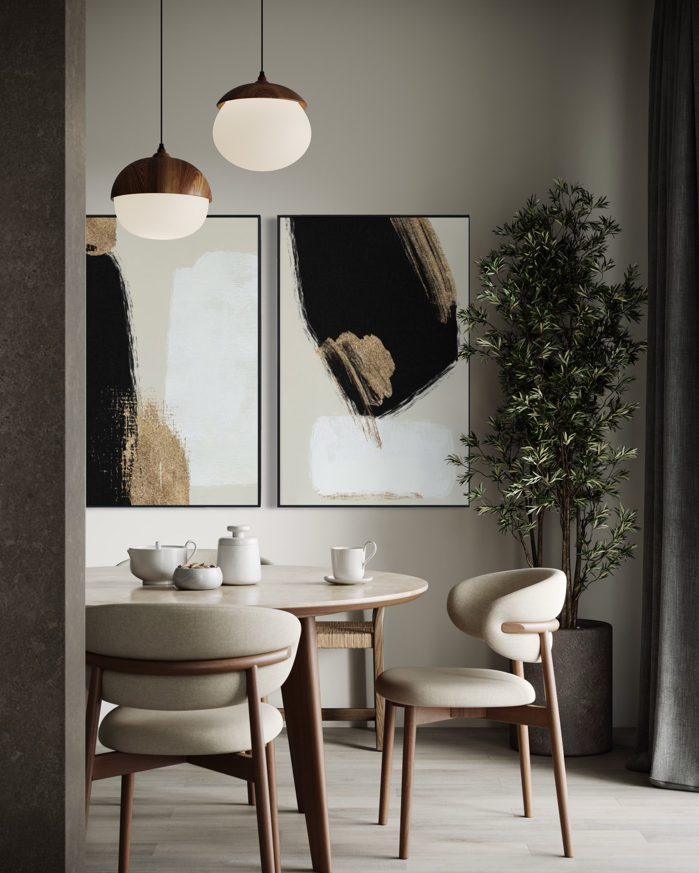 Set Cuadros Decorativos Abstracto Negro Arena 2 - 214 - Diptico Moderno y Elegante Arte Estilo Nordico en Tonos Neutros con Dorado Oro