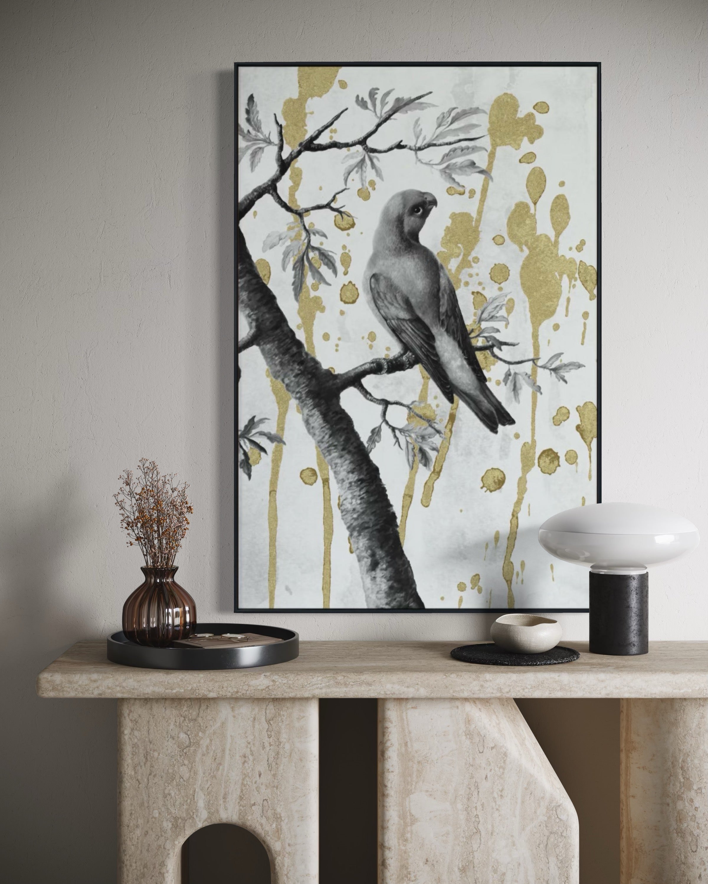 Cuadro Decorativo Abstracto Negro Arena 2-266 - Perico, Loro, Aves En Blanco y Negro Arte Elegante con Dorado Oro