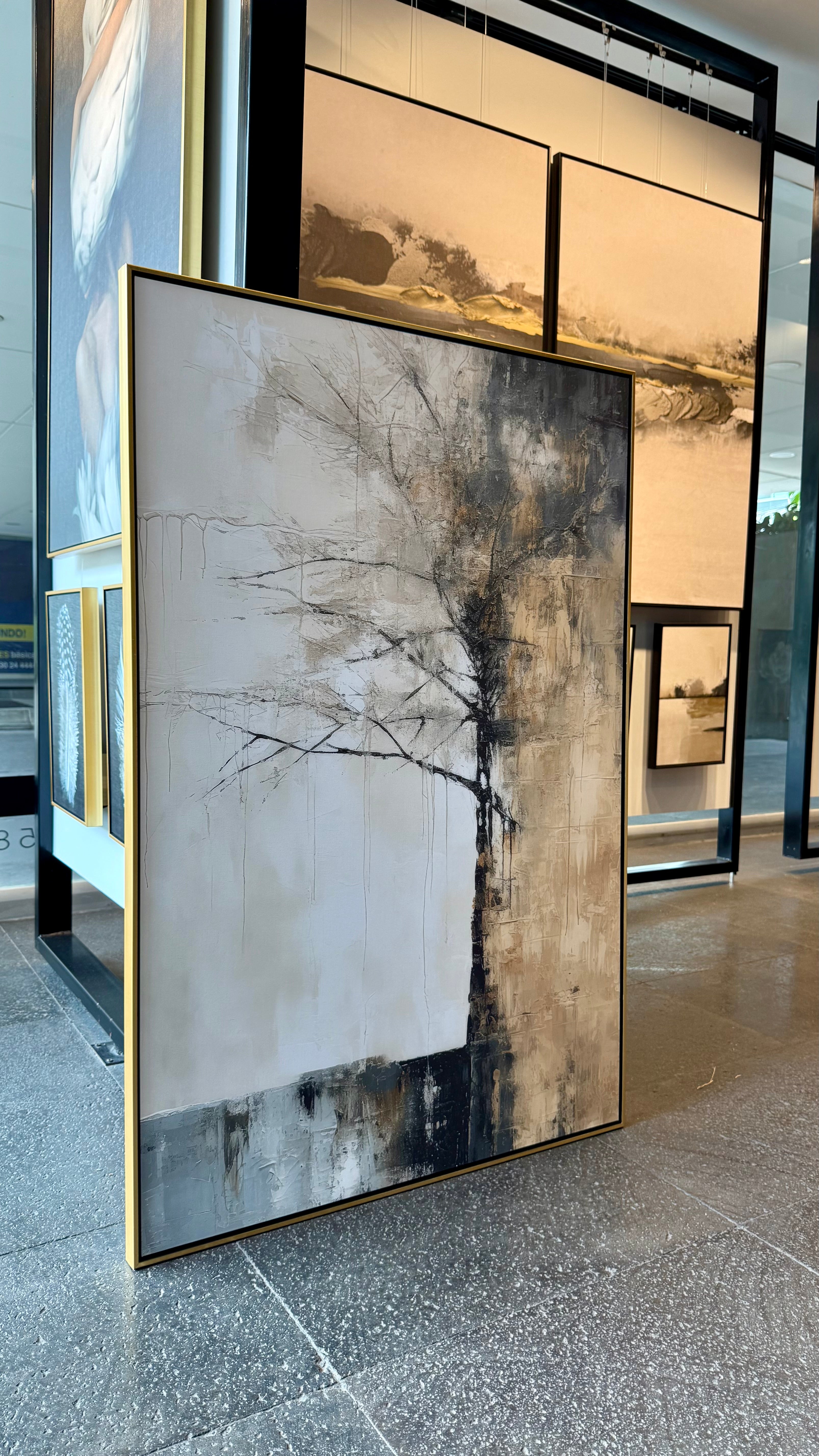 Cuadro Decorativo Abstracto Negro Arena 2-215 Árbol Minimalista y Elegante en Dorado y Tonos Neutros Oro