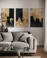 Cargar imagen en el visor de la galería, Set Cuadros Decorativos Abstracto Negro Arena 2-275- Triptico Moderno y Elegante en Negro, Beige y Dorado Oro
