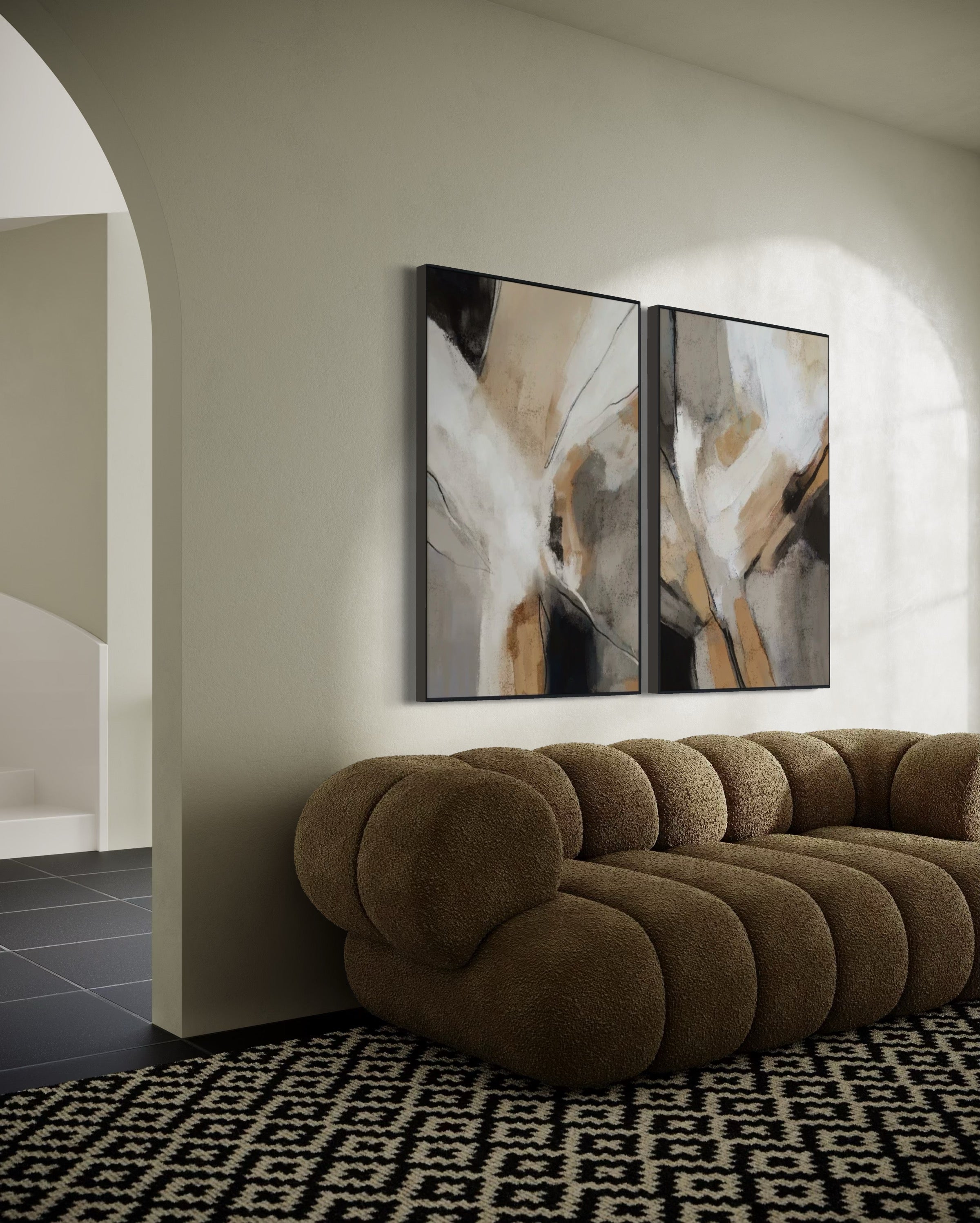 Set Cuadros Decorativos Abstracto Negro Arena 2 - 206 - Diptico Modernos Arte Minimalista estilo Boho en Tonos Neutros Cálidos