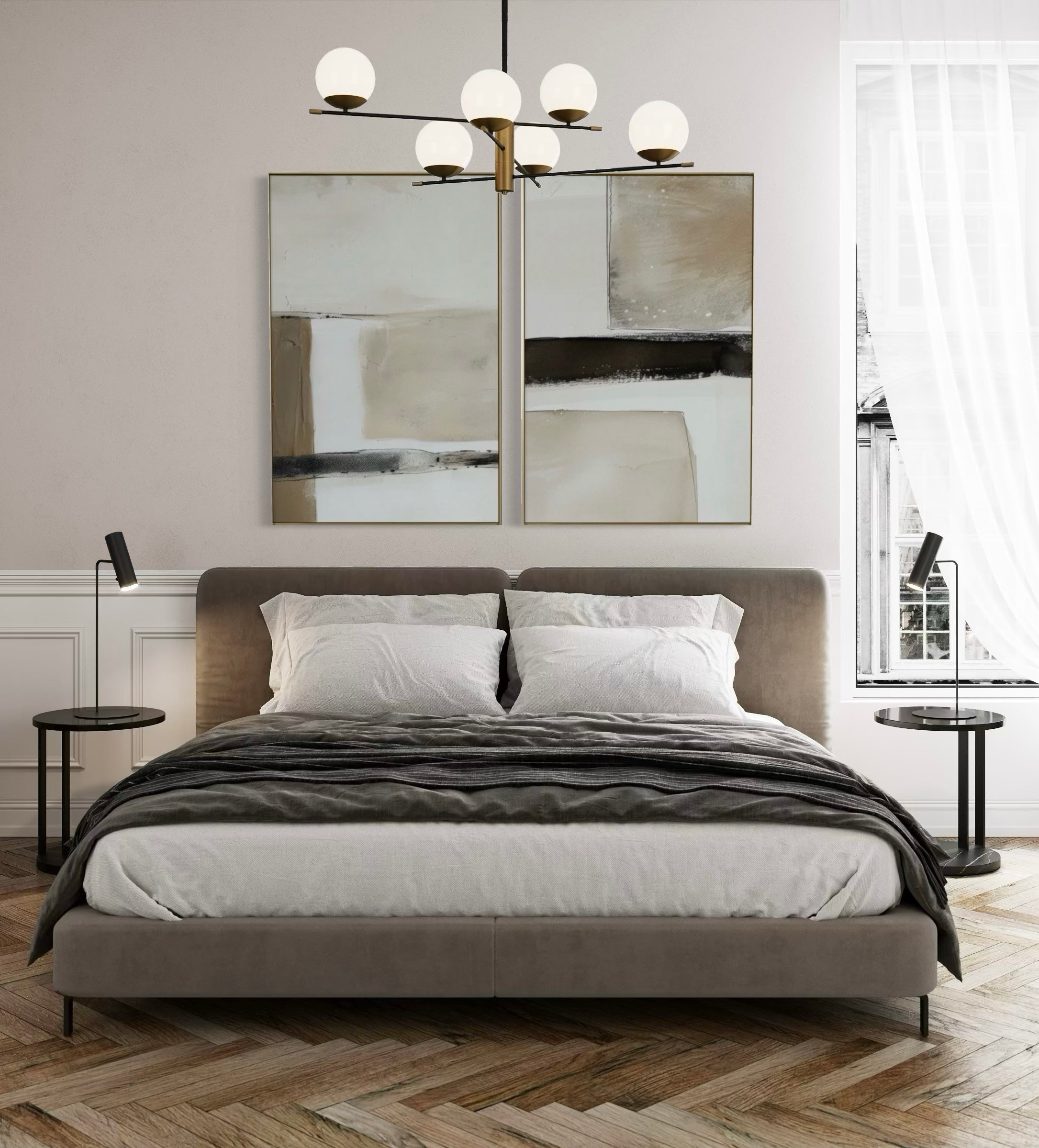 Set Cuadros Decorativos Abstracto Negro Arena 2 - 239 - Diptico Moderno y Minimalista en Negro, Beige y Cafe Tonos Neutros