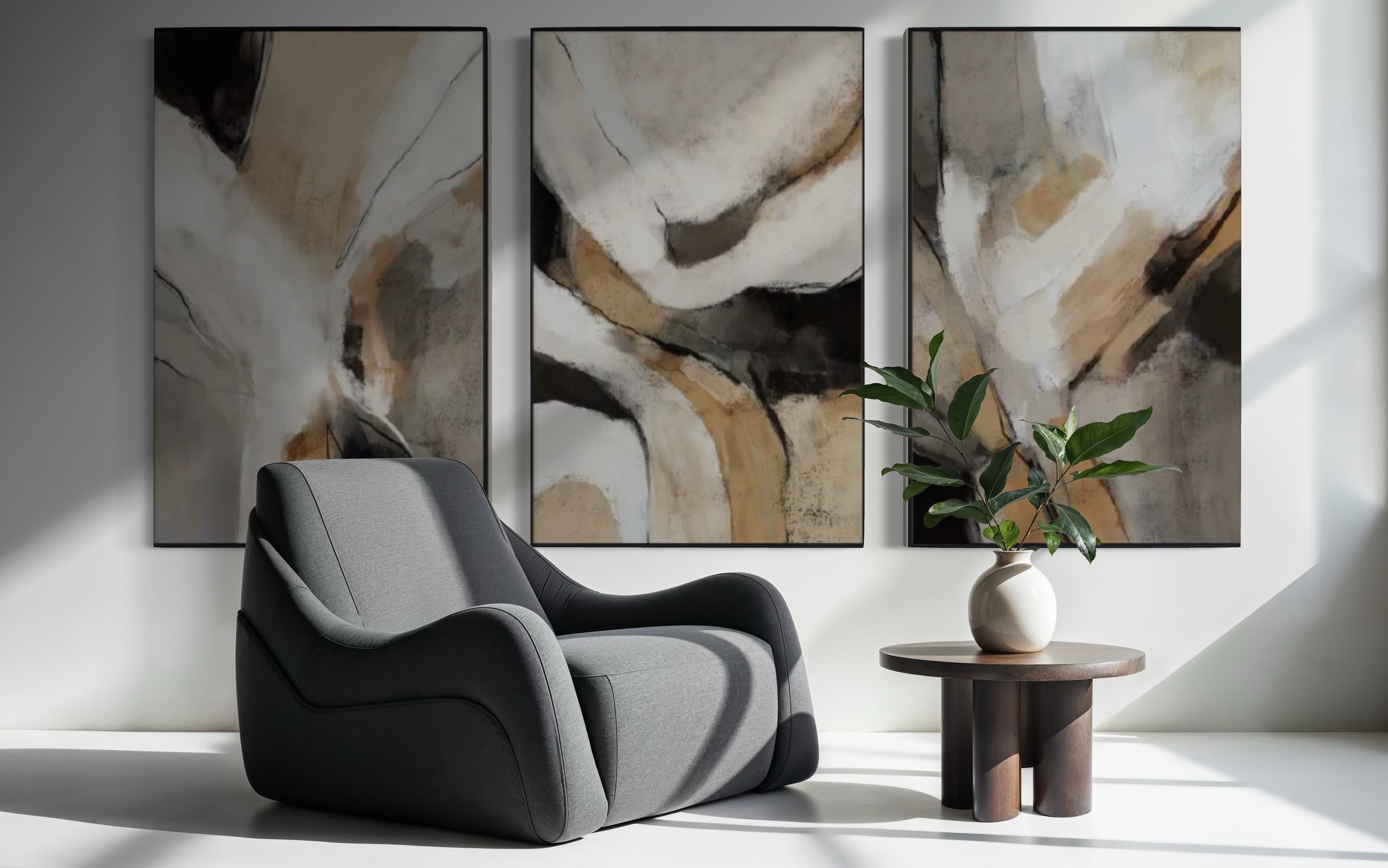 Set Cuadros Decorativos Abstracto Negro Arena 2 - 206 - Triptico Minimalista Arte Moderno y Elegante Estilo Nordico en Tonos Neutros