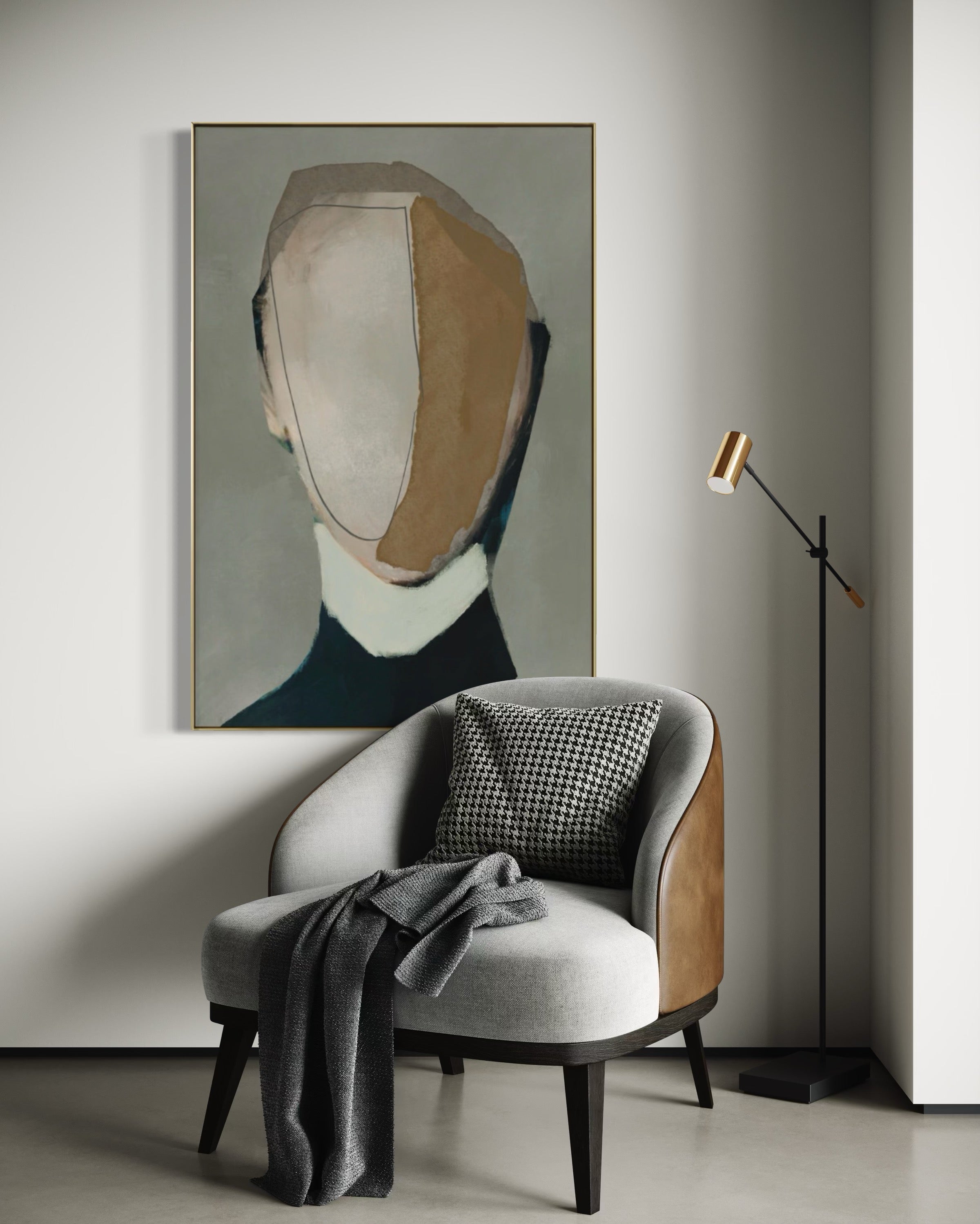 Cuadro Decorativo Abstracto Negro Arena 2-233 Rostro Modernos Cara Minimalista en Tonos Neutros