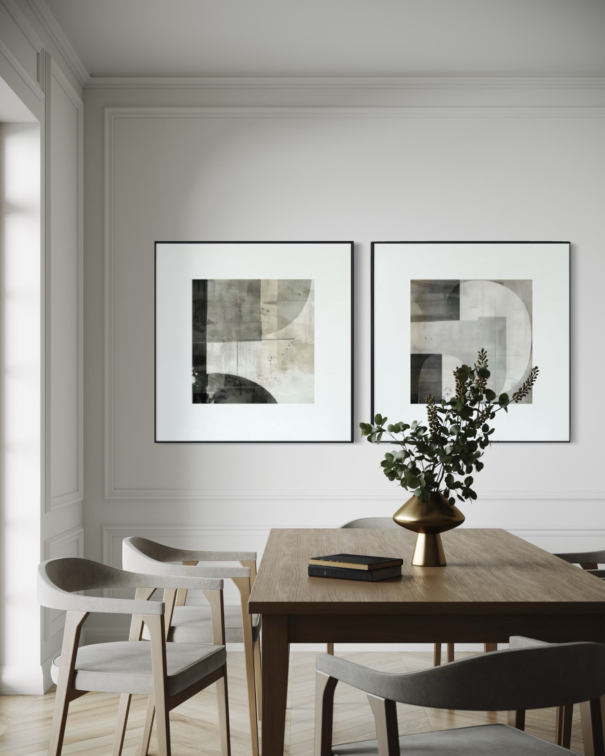 Set Cuadros Decorativos Abstracto Negro Arena 2 - 232 - Diptico Moderno Arte Minimalista Estilo Nordico Tonos Neutros