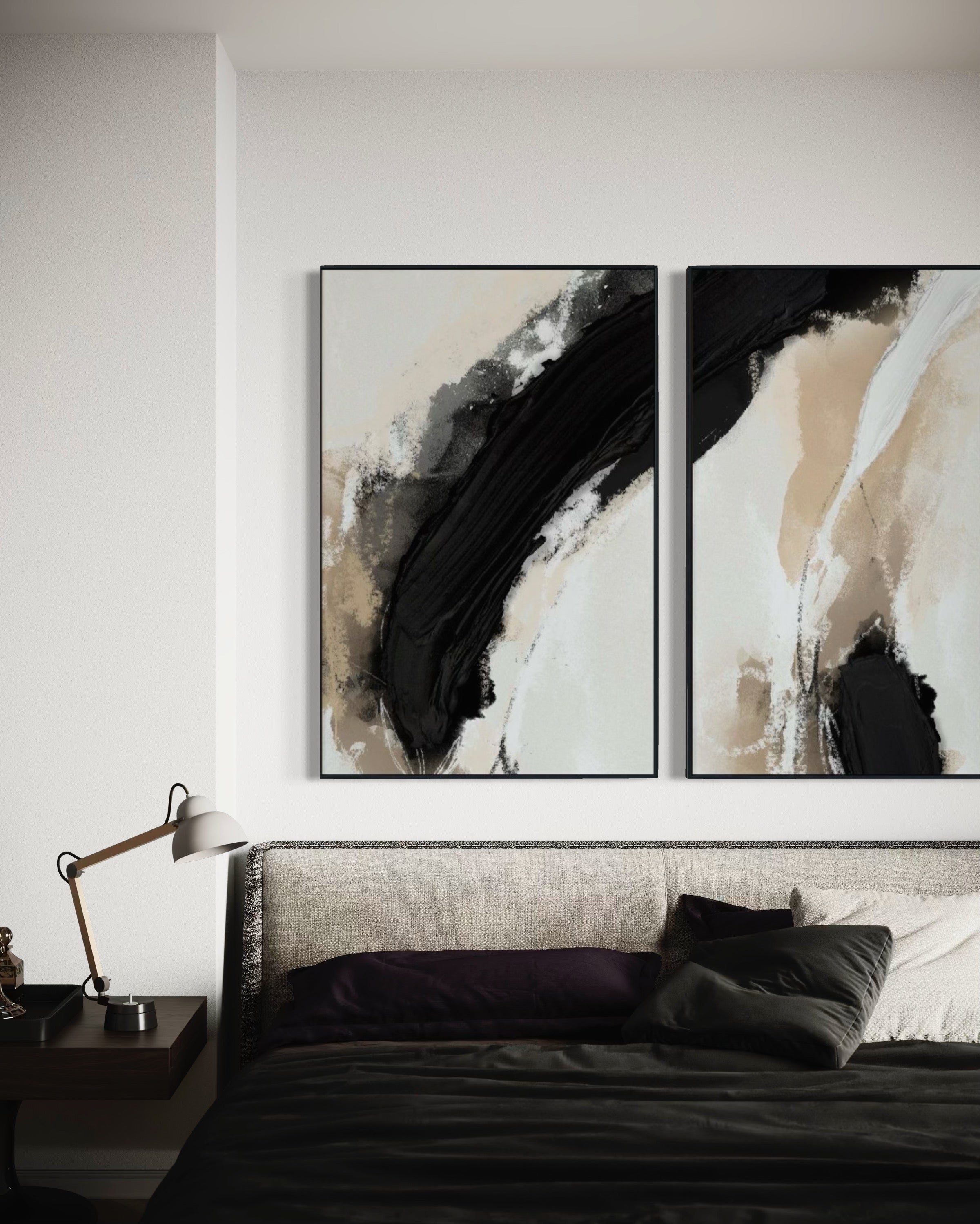 Set Cuadros Decorativos Abstracto Negro Arena 2 - 212 - Diptico Moderno y Minimalista en Tonos Negro y Beige Colores Neutros Estilo Nordico