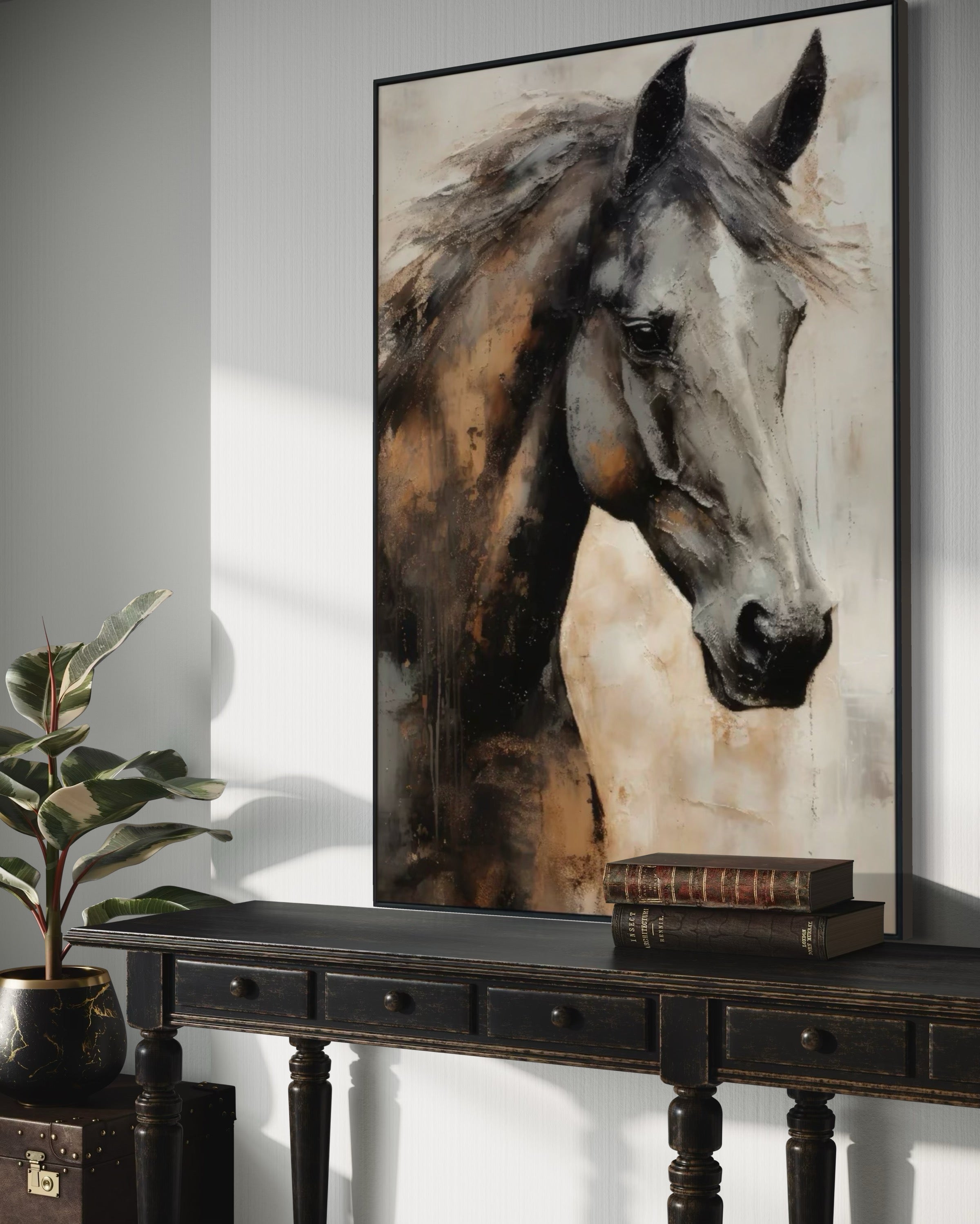 Cuadro Decorativo Abstracto Negro Arena 2 - 207 Caballo Estilo Nordico Arte Moderno en Tonos Neutros, Beige, Terracota, Negro y Gris