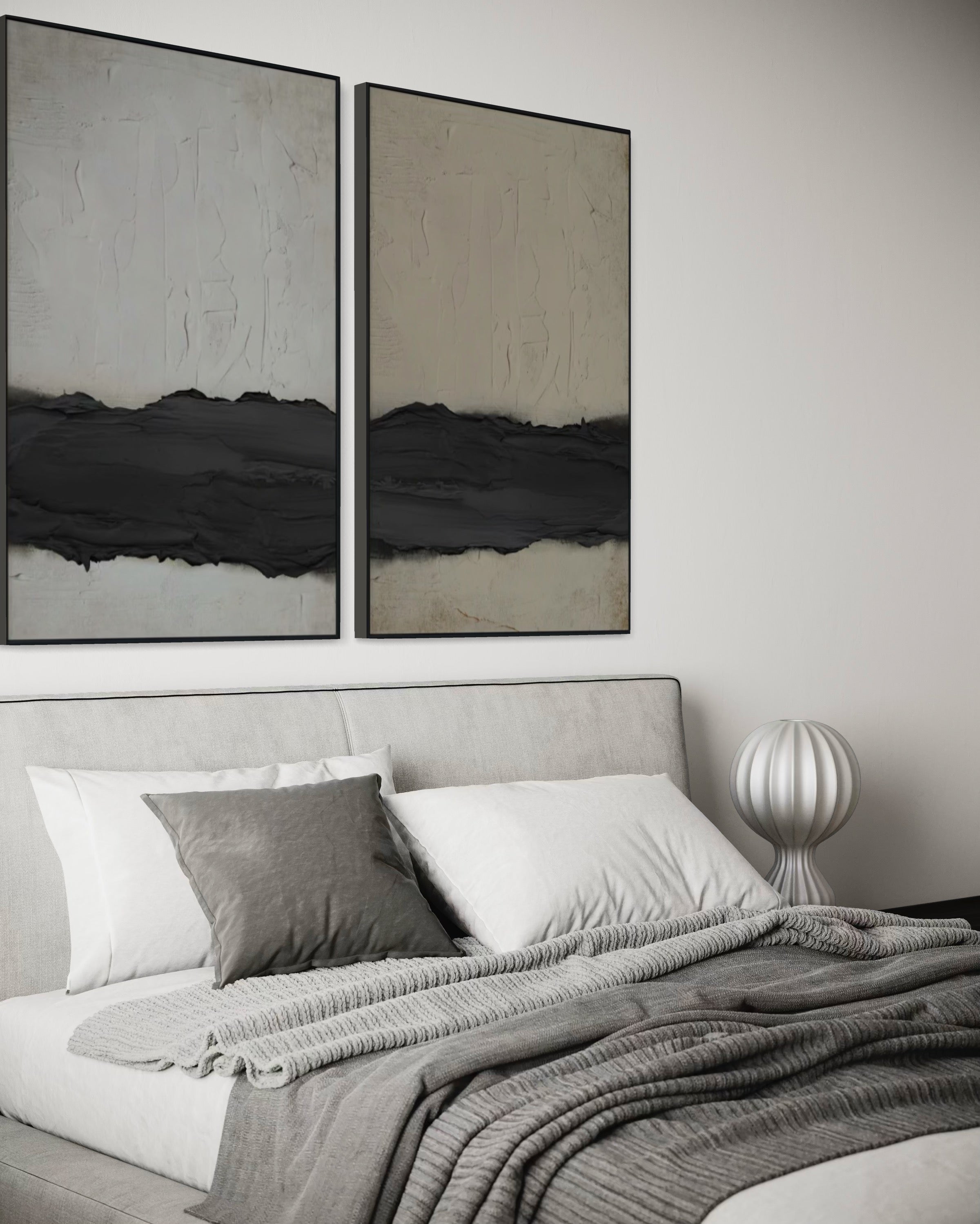 Set Cuadros Decorativos Abstracto Negro Arena 2-241 - Diptico Moderno y Minimalista Arte Estilo Nordico Tonos Neutros