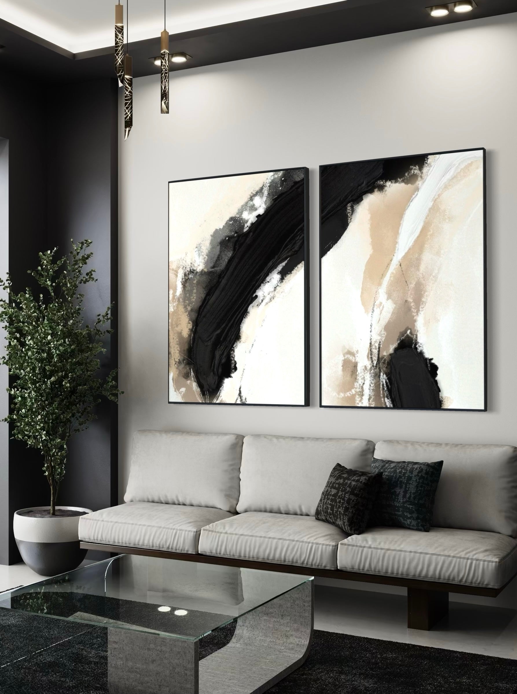 Set Cuadros Decorativos Abstracto Negro Arena 2 - 212 - Diptico Moderno y Minimalista en Tonos Negro y Beige Colores Neutros Estilo Nordico