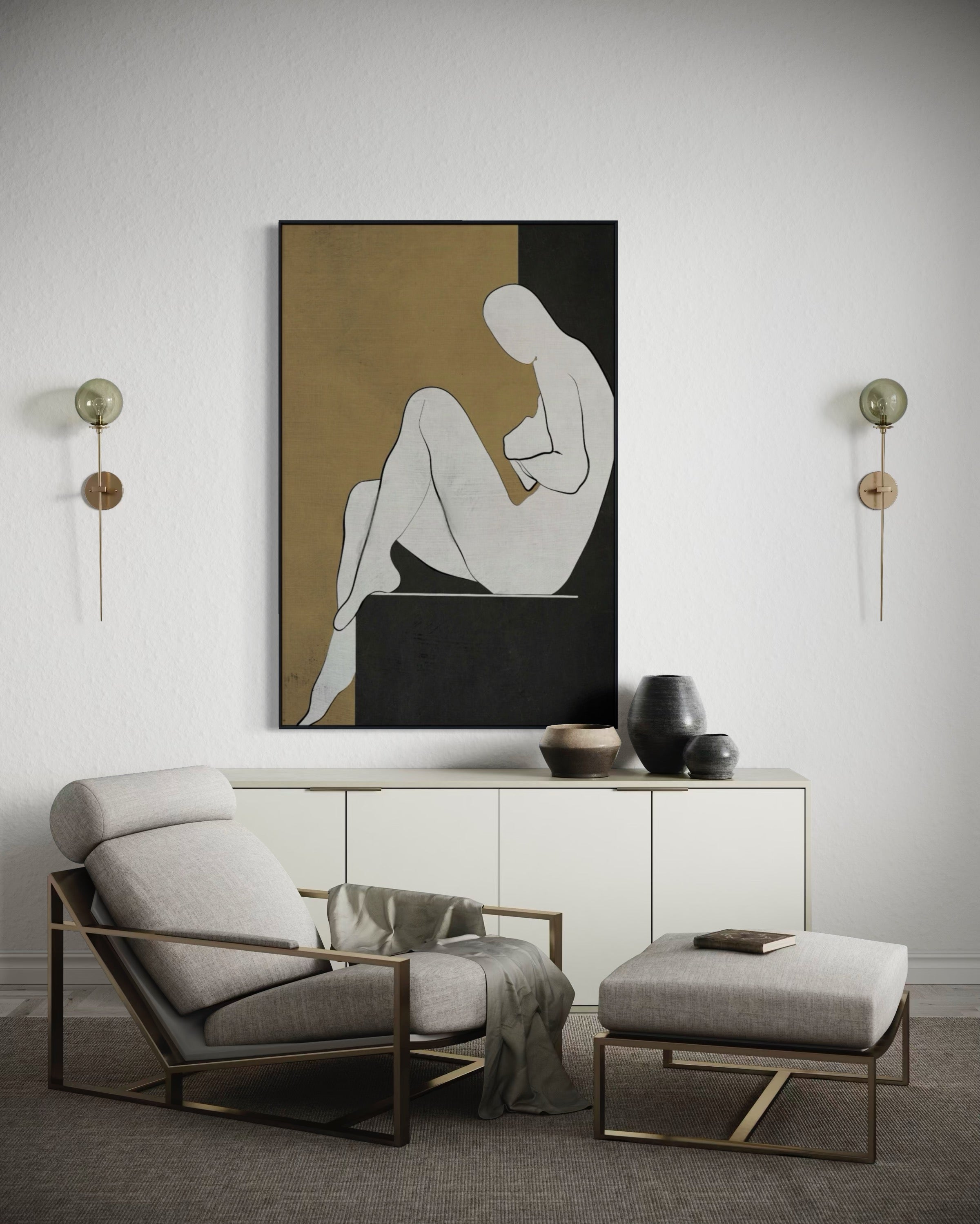 Cuadro Decorativo Abstracto Negro Arena 2-240 Silueta Femenina Arte Moderno y Minimalista Estilo Boho en Tonos Neutros