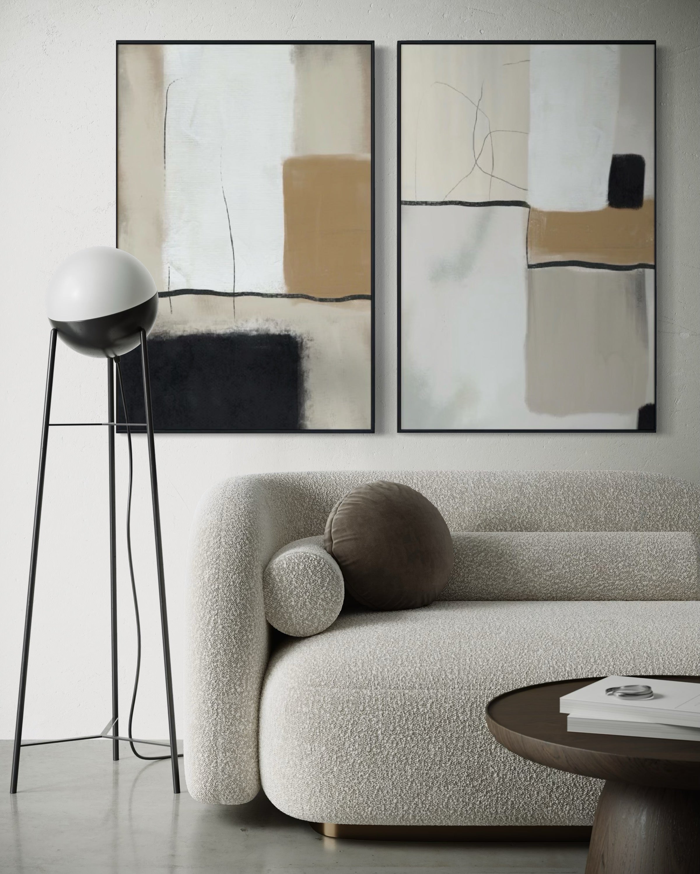 Set Cuadros Decorativos Abstracto Negro Arena 2 - 217 - Diptico Moderno y Elegante Arte Estilo Nordico Tonos Neutros