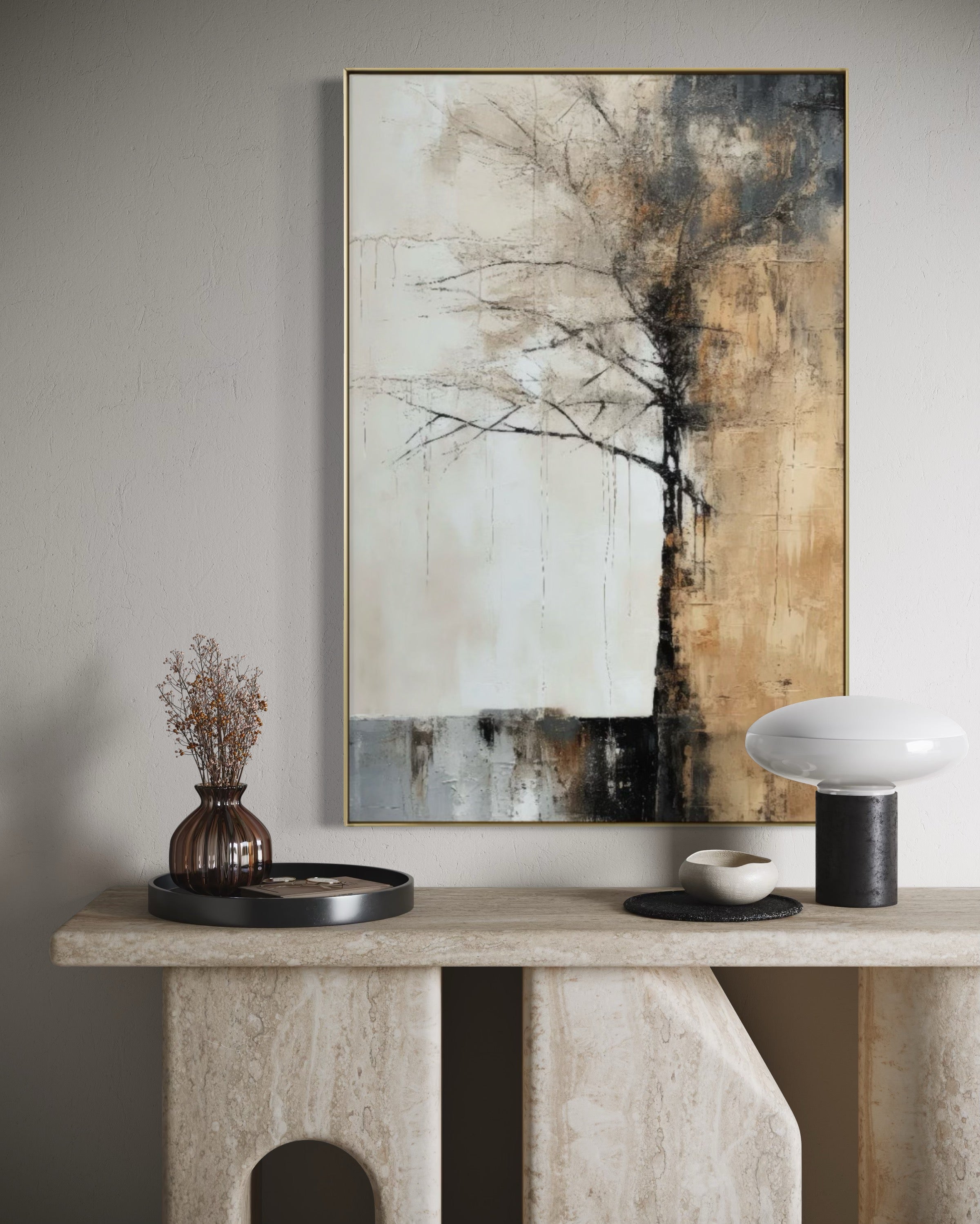 Cuadro Decorativo Abstracto Negro Arena 2-215 Árbol Minimalista y Elegante en Dorado y Tonos Neutros Oro