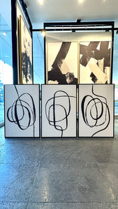 Set 3 Cuadros Decorativos Abstracto Negro Arena 050 - Estilo Boho Minimalista Trazo Línea Continua-Triptico