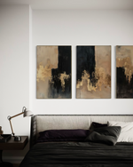 Cargar imagen en el visor de la galería, Set Cuadros Decorativos Abstracto Negro Arena 2-275- Triptico Moderno y Elegante en Negro, Beige y Dorado Oro
