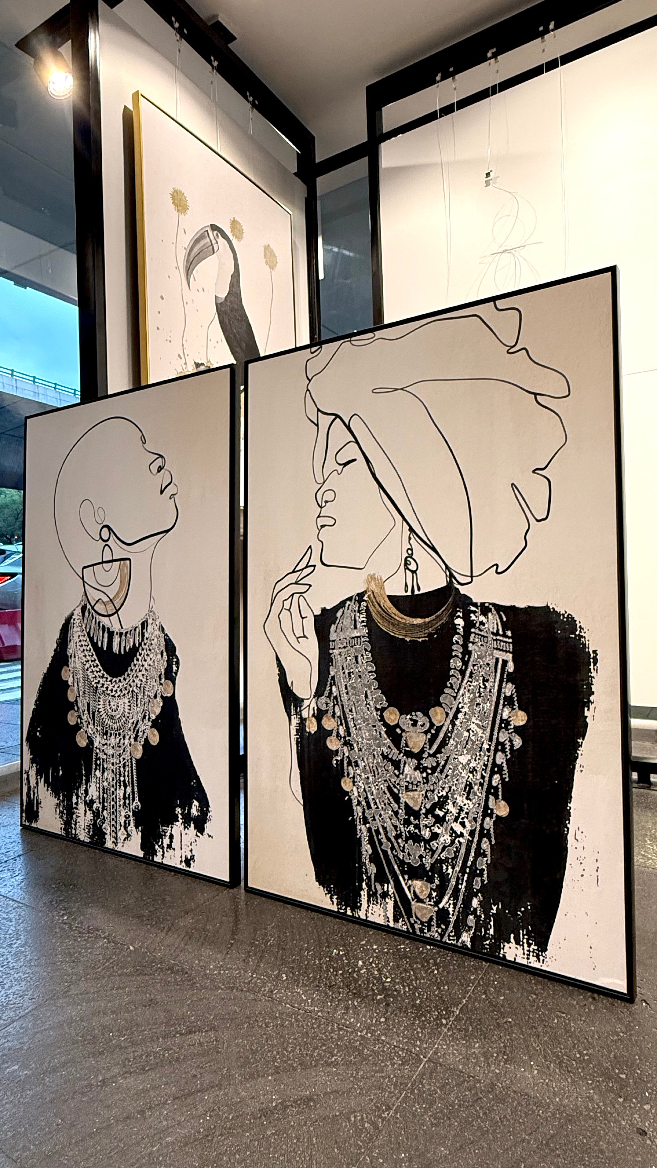 Set Cuadros Decorativos Abstracto Negro Arena 2 - 213 - Diptico Moderno Estilo Boho Mujeres Afro Arte Lineal En tonos Neutros y un toque de Dorado  Oro