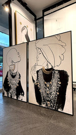 Cargar imagen en el visor de la galería, Set Cuadros Decorativos Abstracto Negro Arena 2 - 213 - Diptico Moderno Estilo Boho Mujeres Afro Arte Lineal En tonos Neutros y un toque de Dorado  Oro
