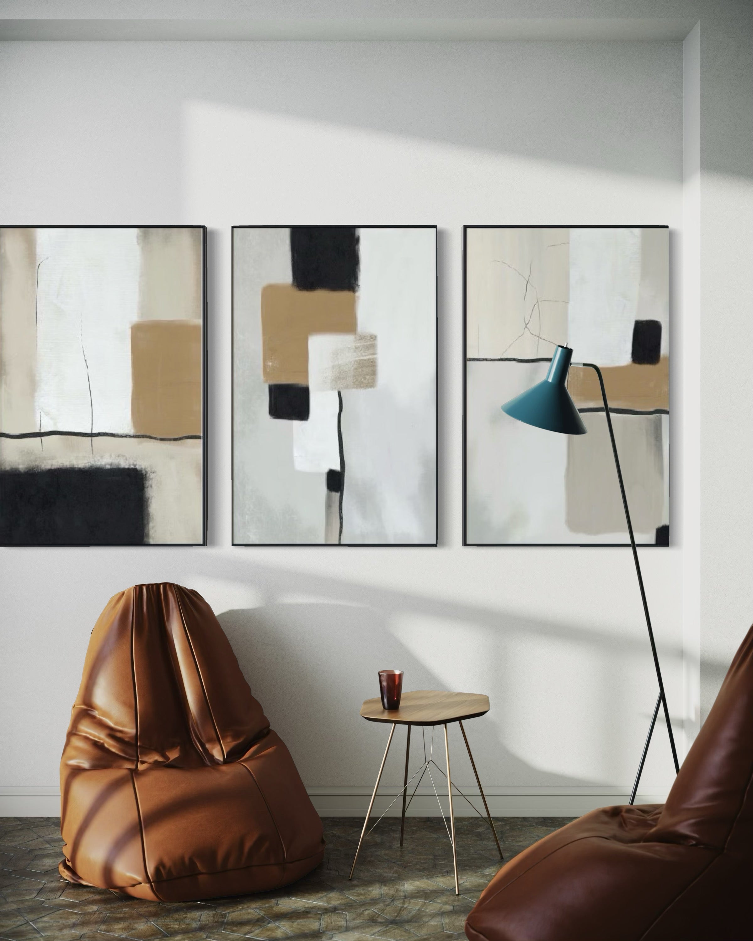 Set Cuadros Decorativos Abstracto Negro Arena 2 - 217 - Tríptico Minimalista y Moderno Arte Estilo Nordico Boho Tonos Neutros