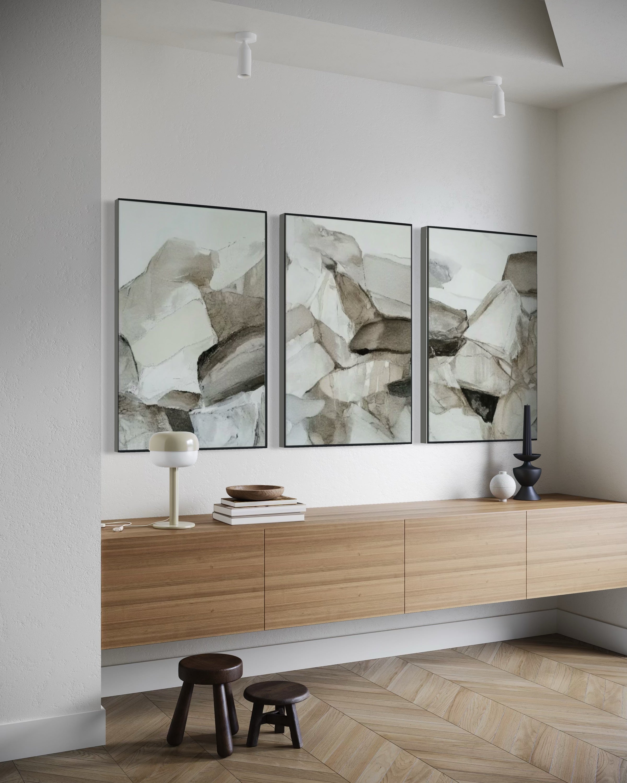 Set Cuadros Decorativos Abstracto Negro Arena 2 - 202 - Triptico Minimalista Estilo Boho Arte Nordico en Tonos Neutros