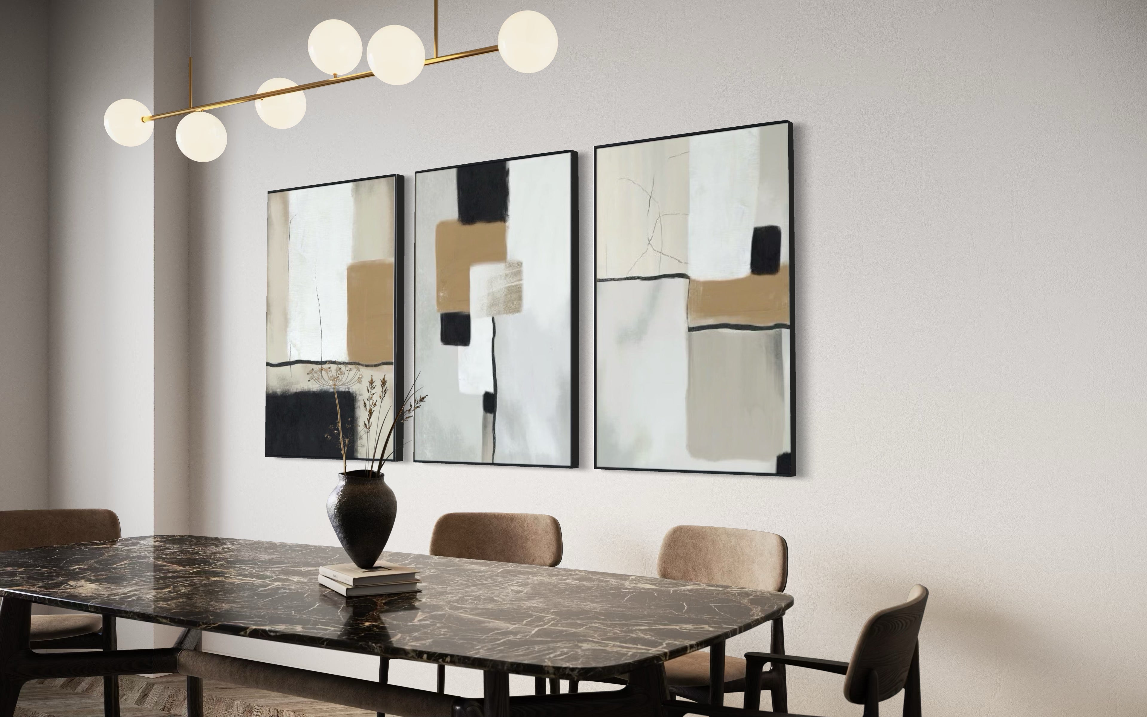 Set Cuadros Decorativos Abstracto Negro Arena 2 - 217 - Tríptico Minimalista y Moderno Arte Estilo Nordico Boho Tonos Neutros