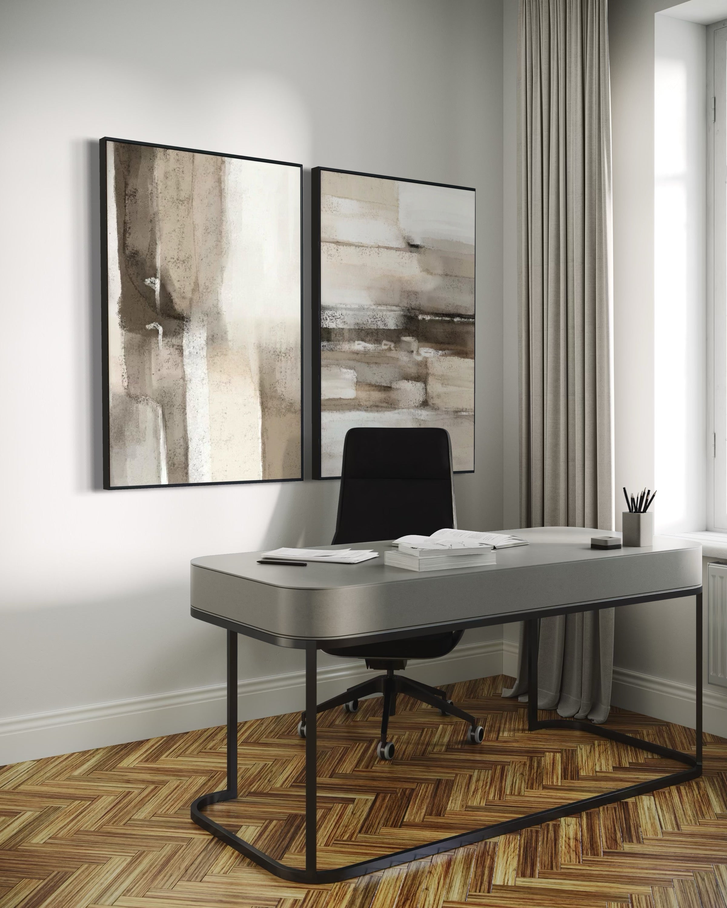 Set Cuadros Decorativos Abstracto Negro Arena 2 - 211 - Diptico en Tonos Tierra Colores Neutros Arte Moderno y Minimalista Estilo Nordico