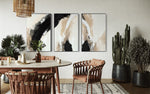 Cargar imagen en el visor de la galería, Set Cuadros Decorativos Abstracto Negro Arena 2-212 -Triptico Moderno y Elegante en Tonos Negro y Beige Arte Minimalista Estilo Nordico
