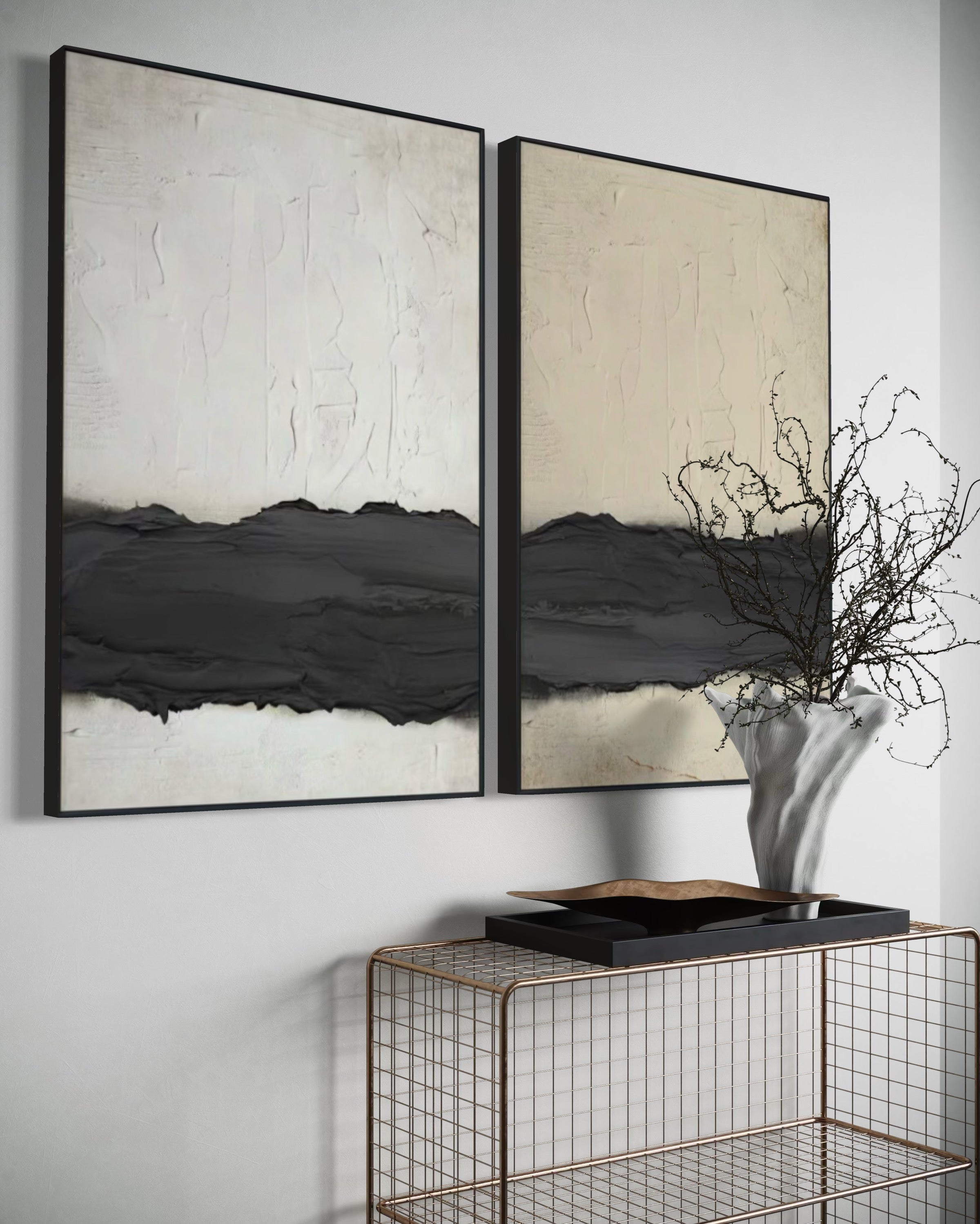 Set Cuadros Decorativos Abstracto Negro Arena 2-241 - Diptico Moderno y Minimalista Arte Estilo Nordico Tonos Neutros