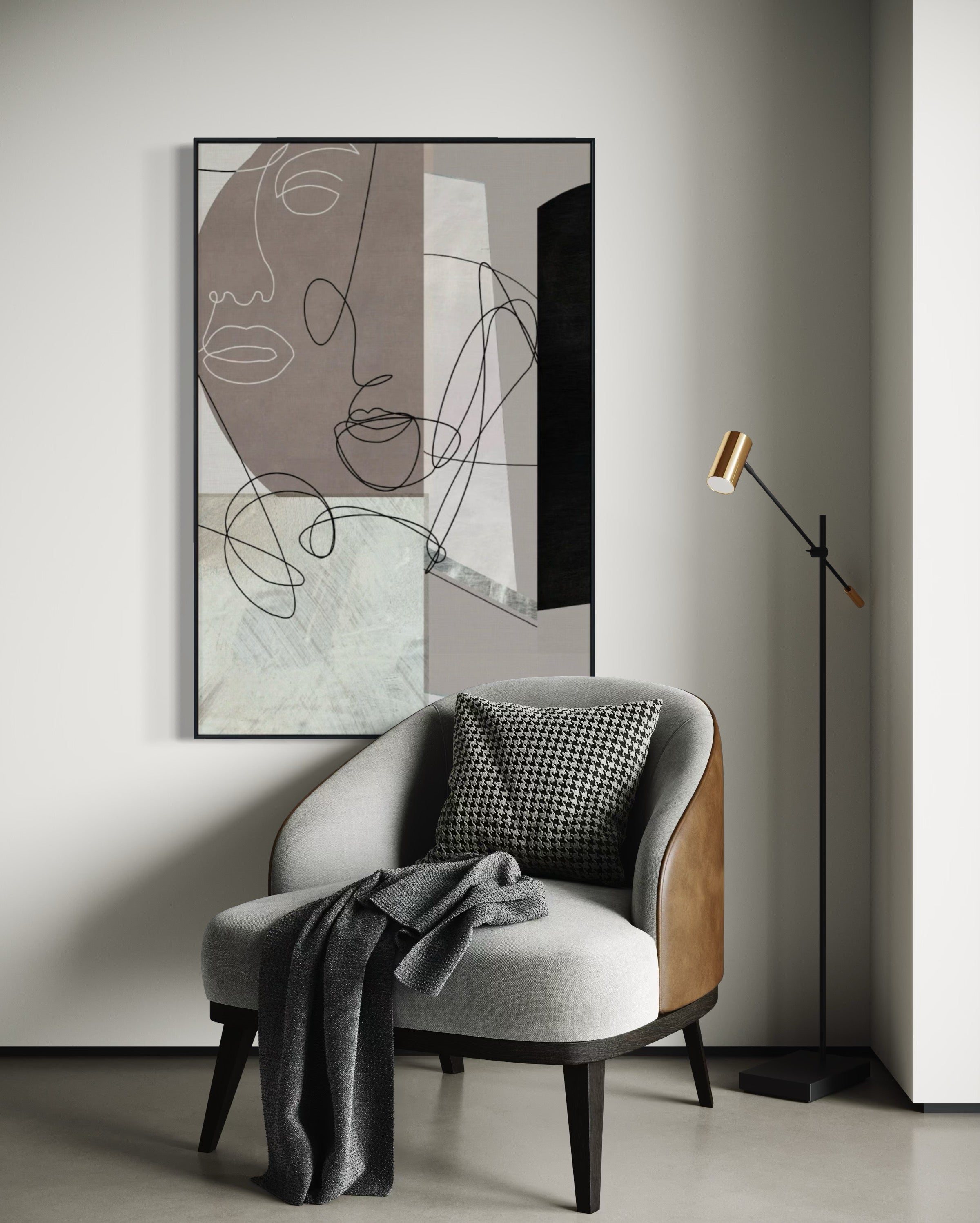 Cuadro Decorativo Abstracto Negro Arena 244 Silueta Rostros Femeninos Arte Lineal Moderno y Minimalista Nordico Tonos Neutros