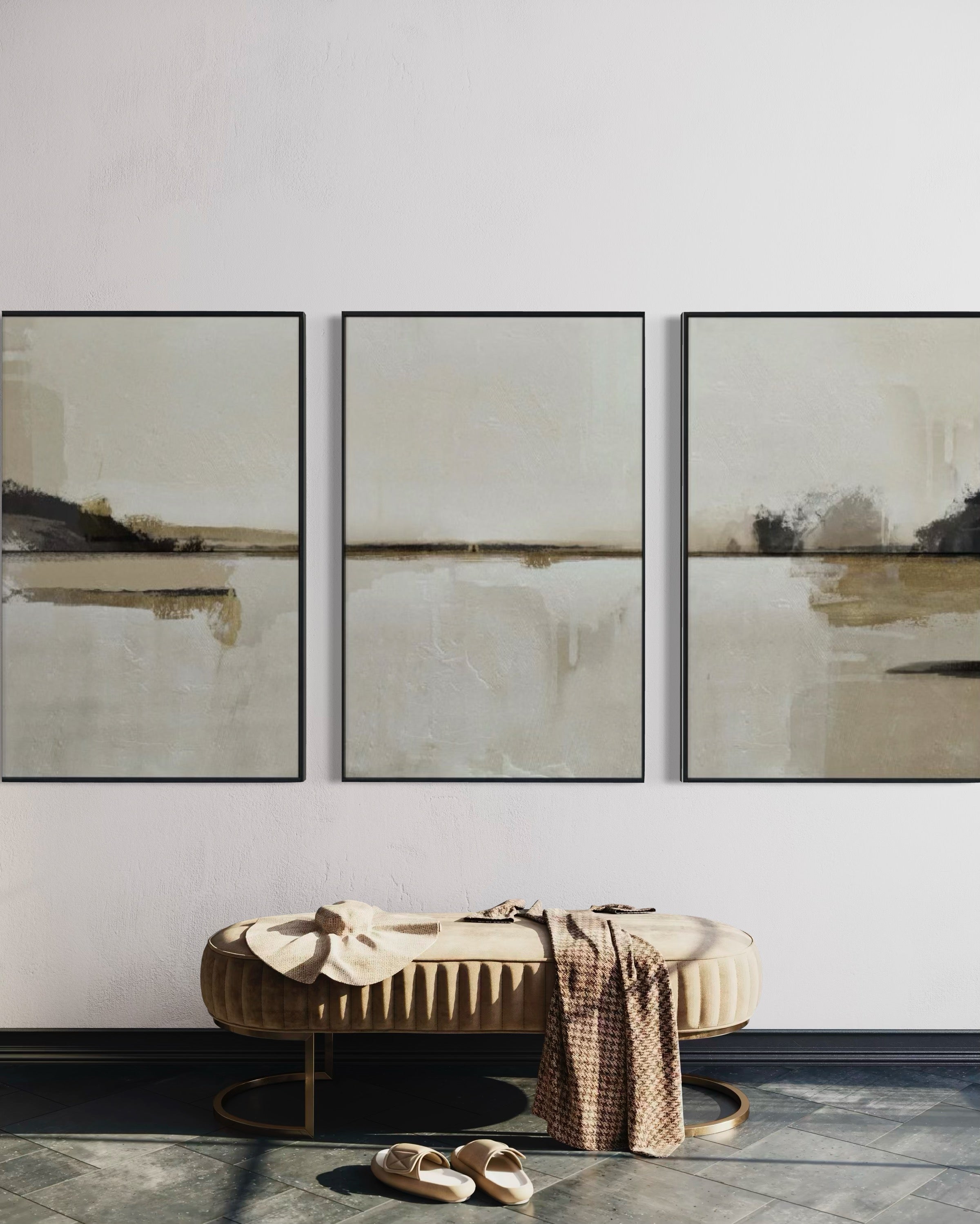 Set Cuadros Decorativos Abstracto Negro Arena 2 - 216 - Triptico Moderno y Elegante Arte Minimalista Estilo Nordico Tonos Neutros