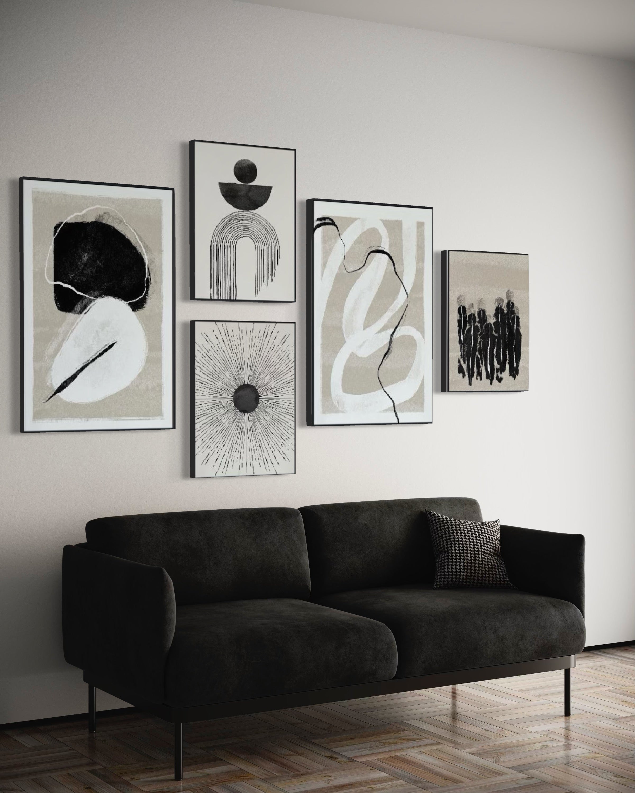 Set Cuadros Decorativos Abstracto Negro Arena 2 - 226A - 5piezas Arte Moderno Estilo Nordico Boho Tonos Neutros