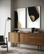Cargar imagen en el visor de la galería, Set Cuadros Decorativos Abstracto Negro Arena 2 - 214 - Diptico Moderno y Elegante Arte Estilo Nordico en Tonos Neutros con Dorado Oro
