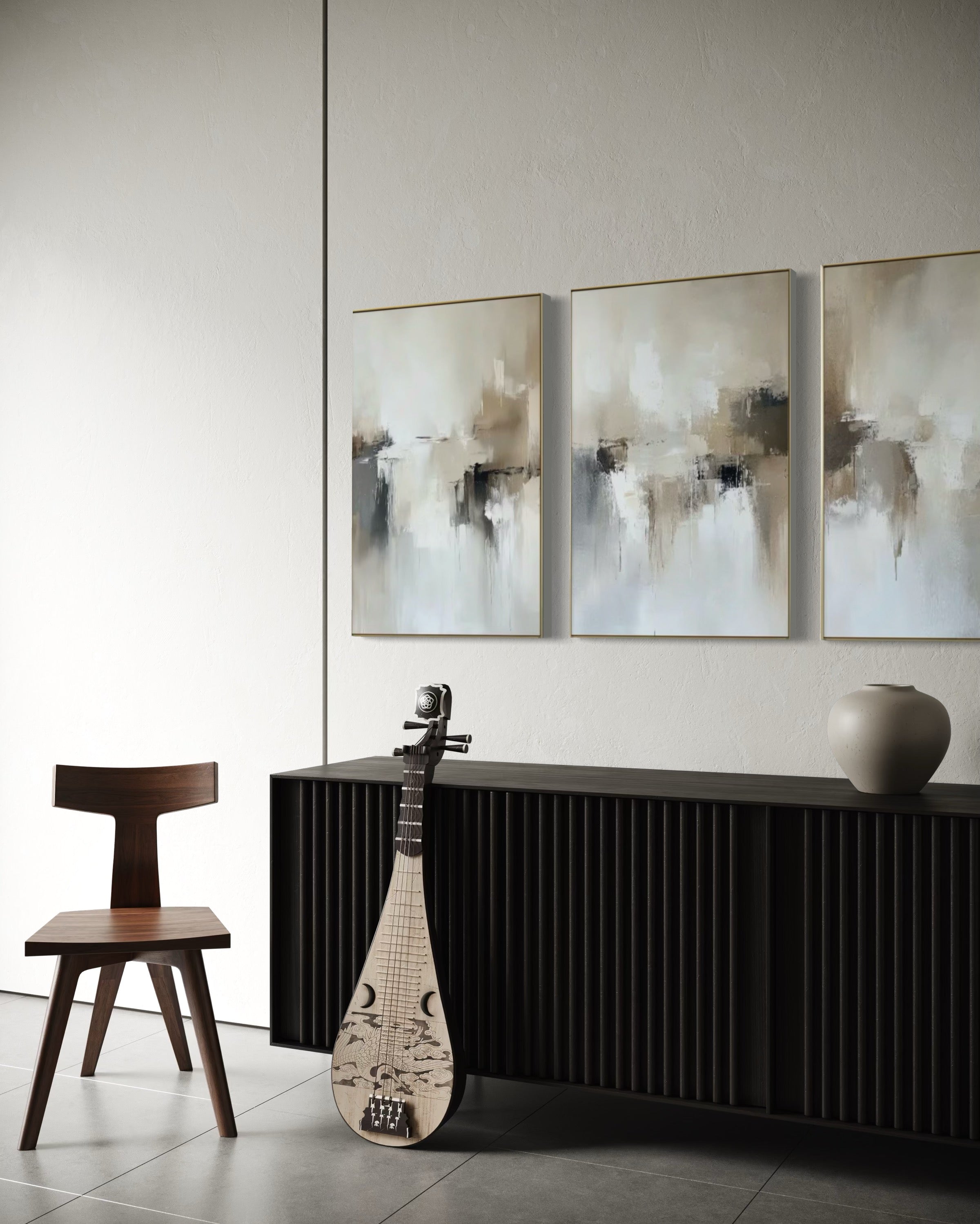 Set Cuadros Decorativos Abstracto Negro Arena 2 - 201 - Triptico Estilo Nordico Arte Moderno en Tonos Neutros