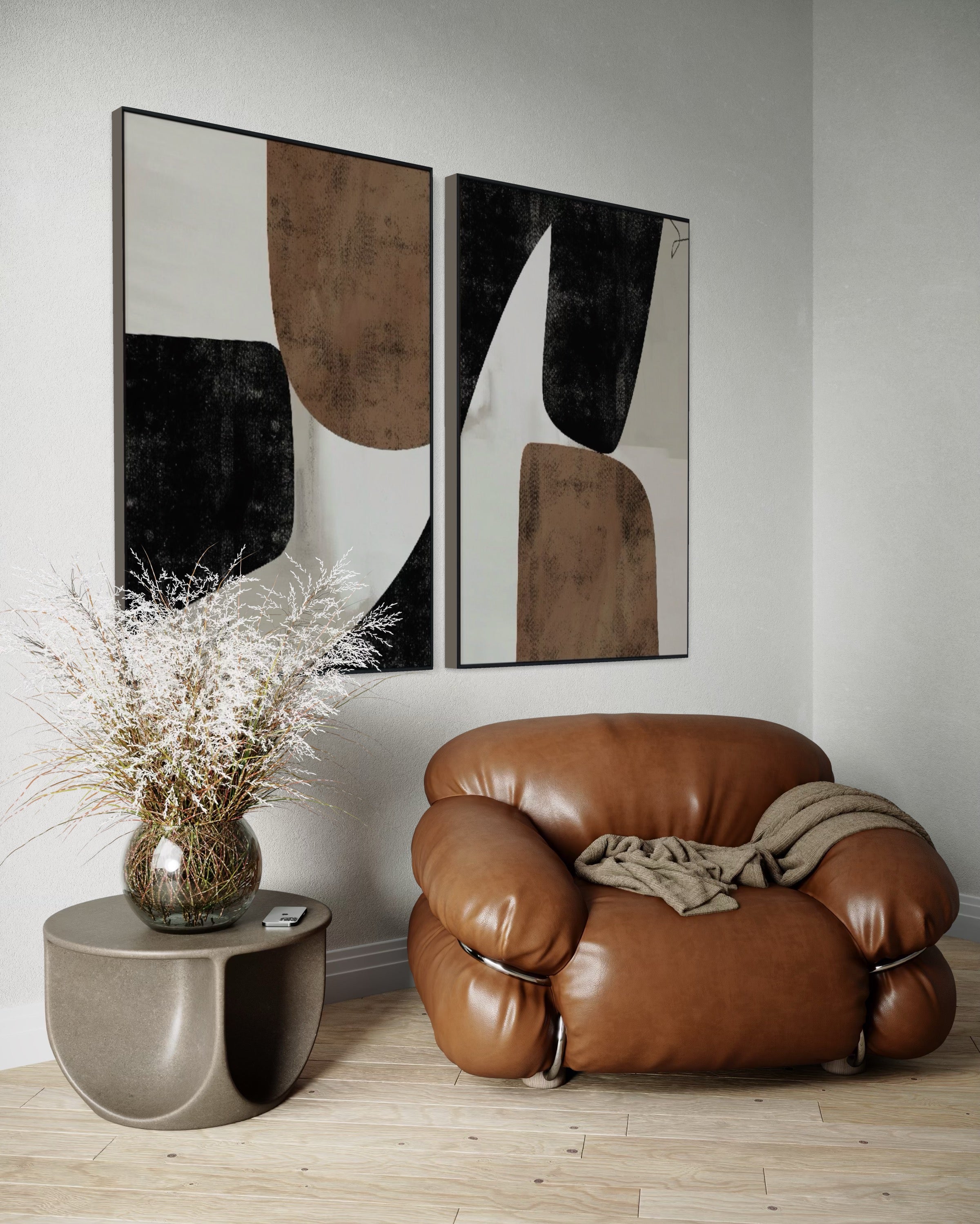 Set Cuadros Decorativos Abstracto Negro Arena 2 - 208 - Diptico Moderno y Elegante Estilo Nordico Boho en Tonos Neutros