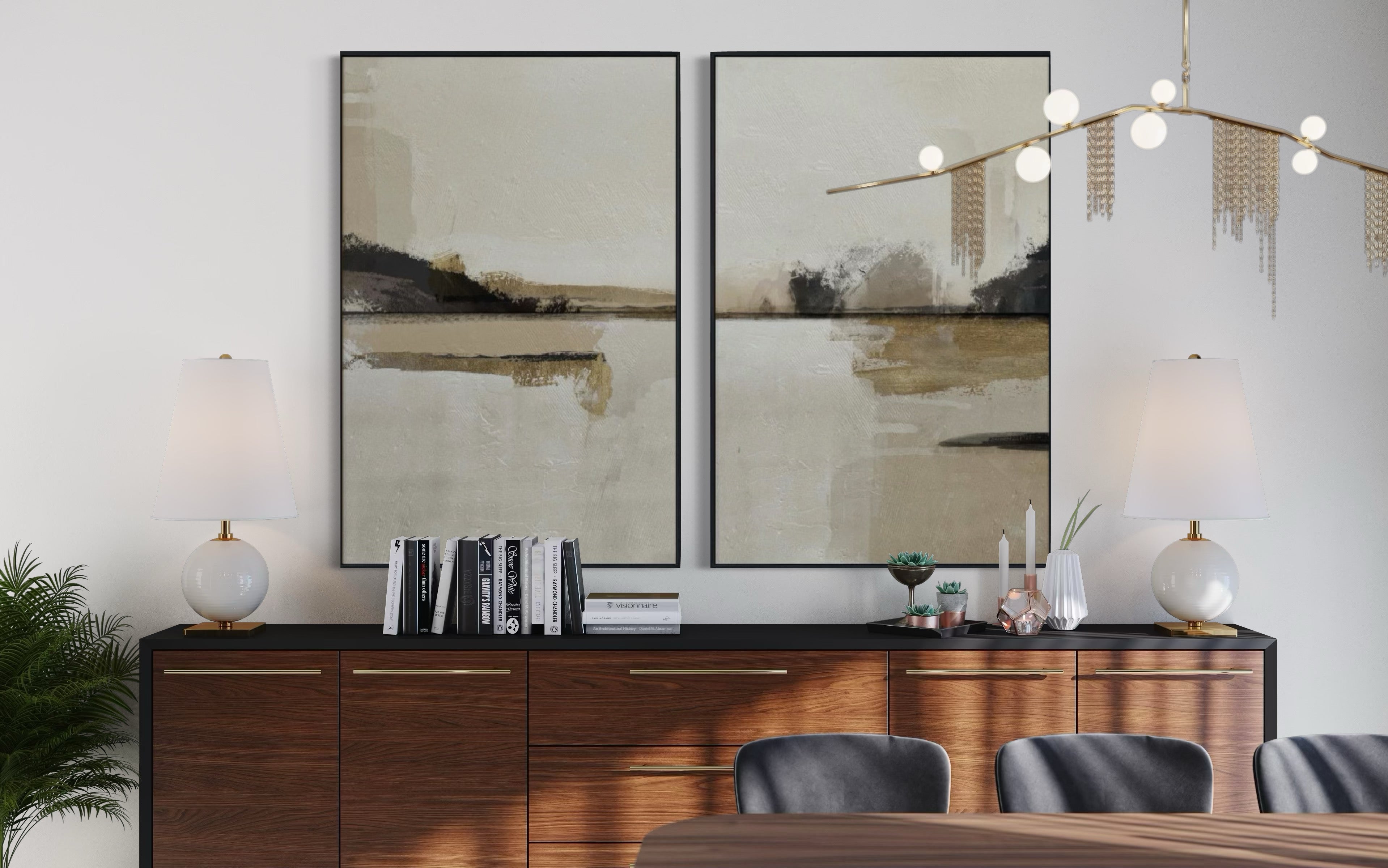 Set Cuadros Decorativos Abstracto Negro Arena 2 - 216 - Diptico Minimalista Arte Moderno y Elegante Tonos Beige y Negro