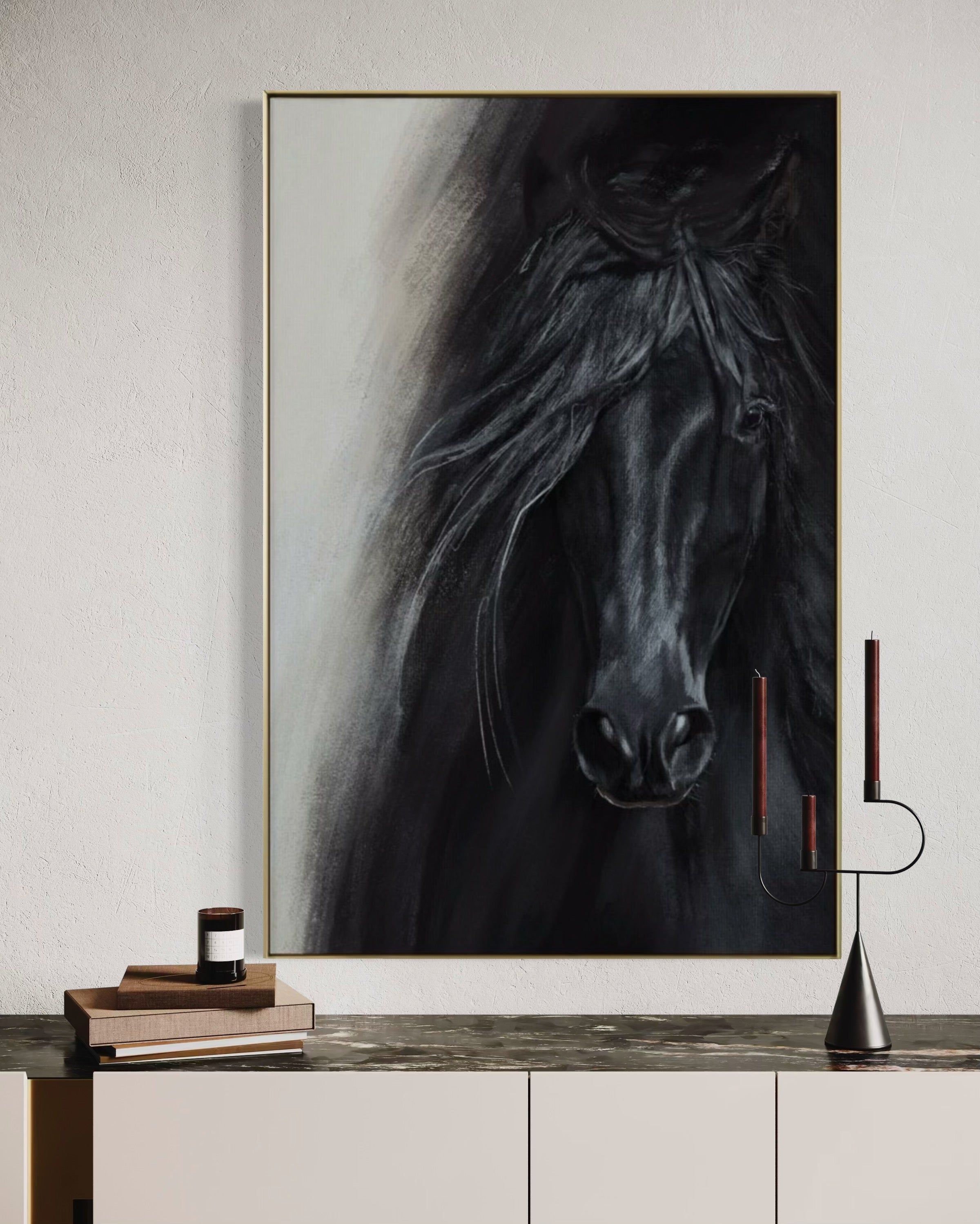 Cuadro Decorativo Abstracto Negro Arena 2-262 - Caballo Negro Arte Moderno Estilo Boho en tonos Neutros