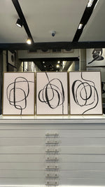 Cargar imagen en el visor de la galería, Set 3 Cuadros Decorativos Abstracto Negro Arena 050 - Estilo Boho Minimalista Trazo Línea Continua-Triptico
