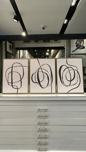 Set 3 Cuadros Decorativos Abstracto Negro Arena 050 - Estilo Boho Minimalista Trazo Línea Continua-Triptico