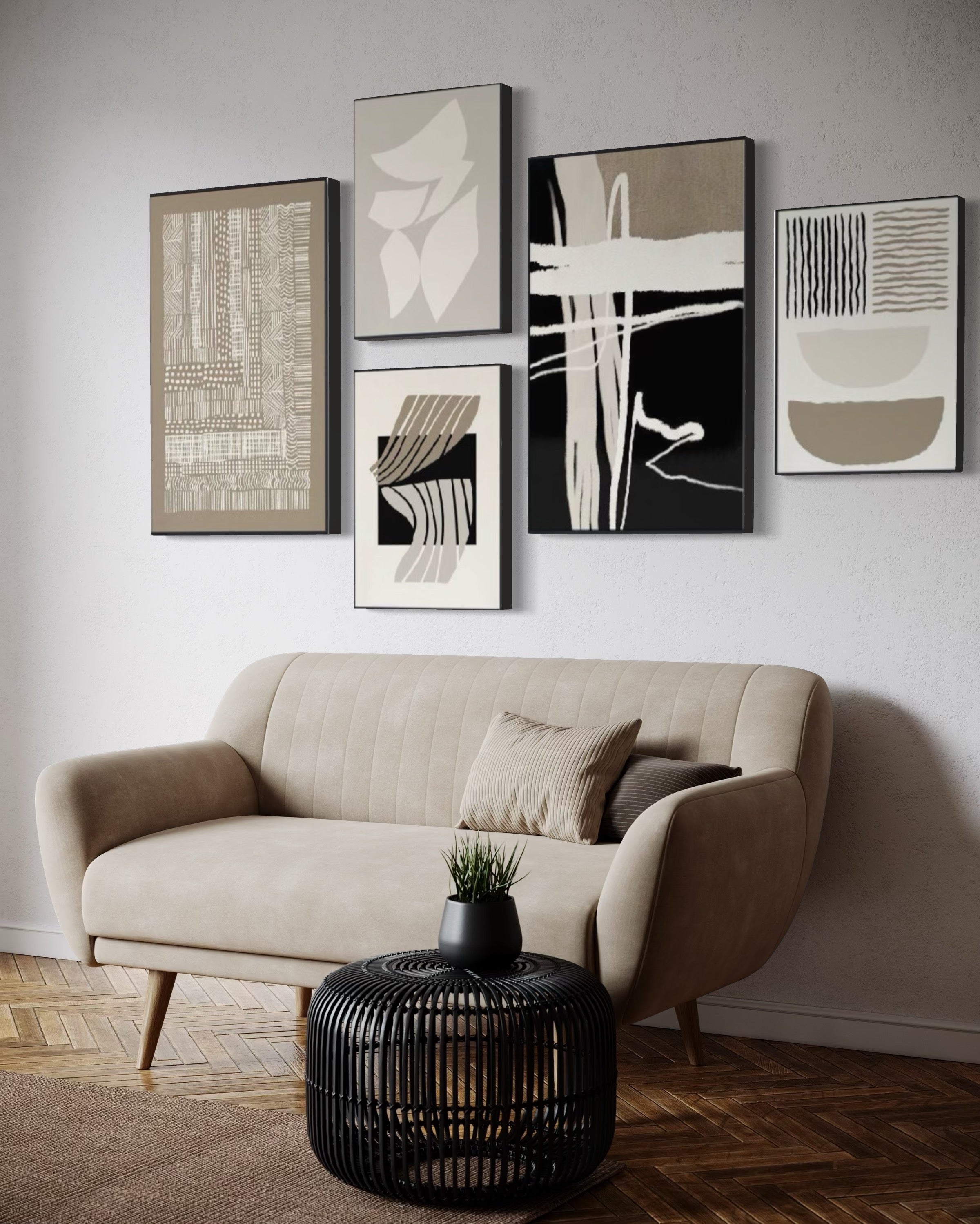 Set Cuadros Decorativos Abstracto Negro Arena 2 - 218A - 5piezas Minimalistas Arte Moderno Estilo Nordico en Tonos Neutros