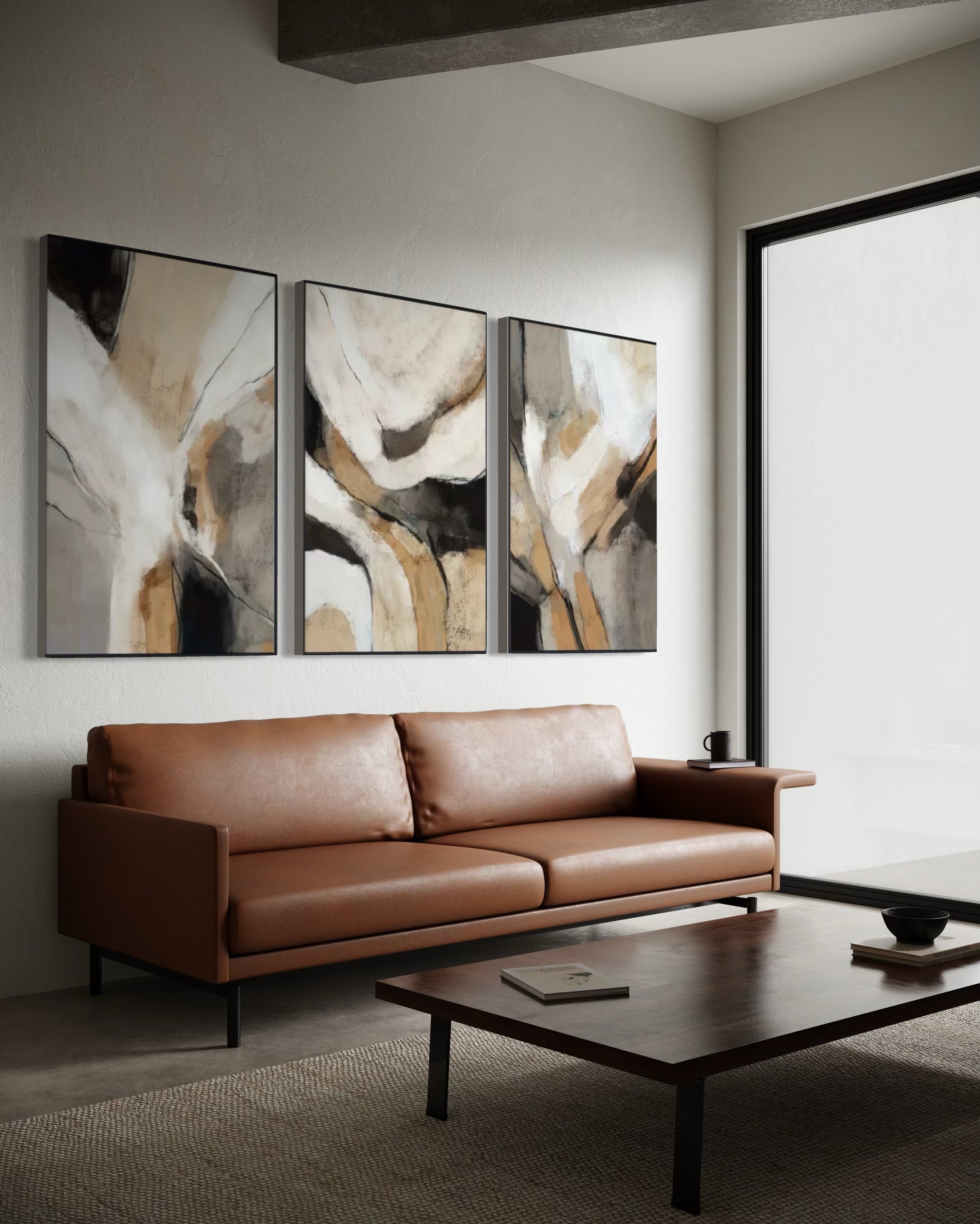 Set Cuadros Decorativos Abstracto Negro Arena 2 - 206 - Triptico Minimalista Arte Moderno y Elegante Estilo Nordico en Tonos Neutros