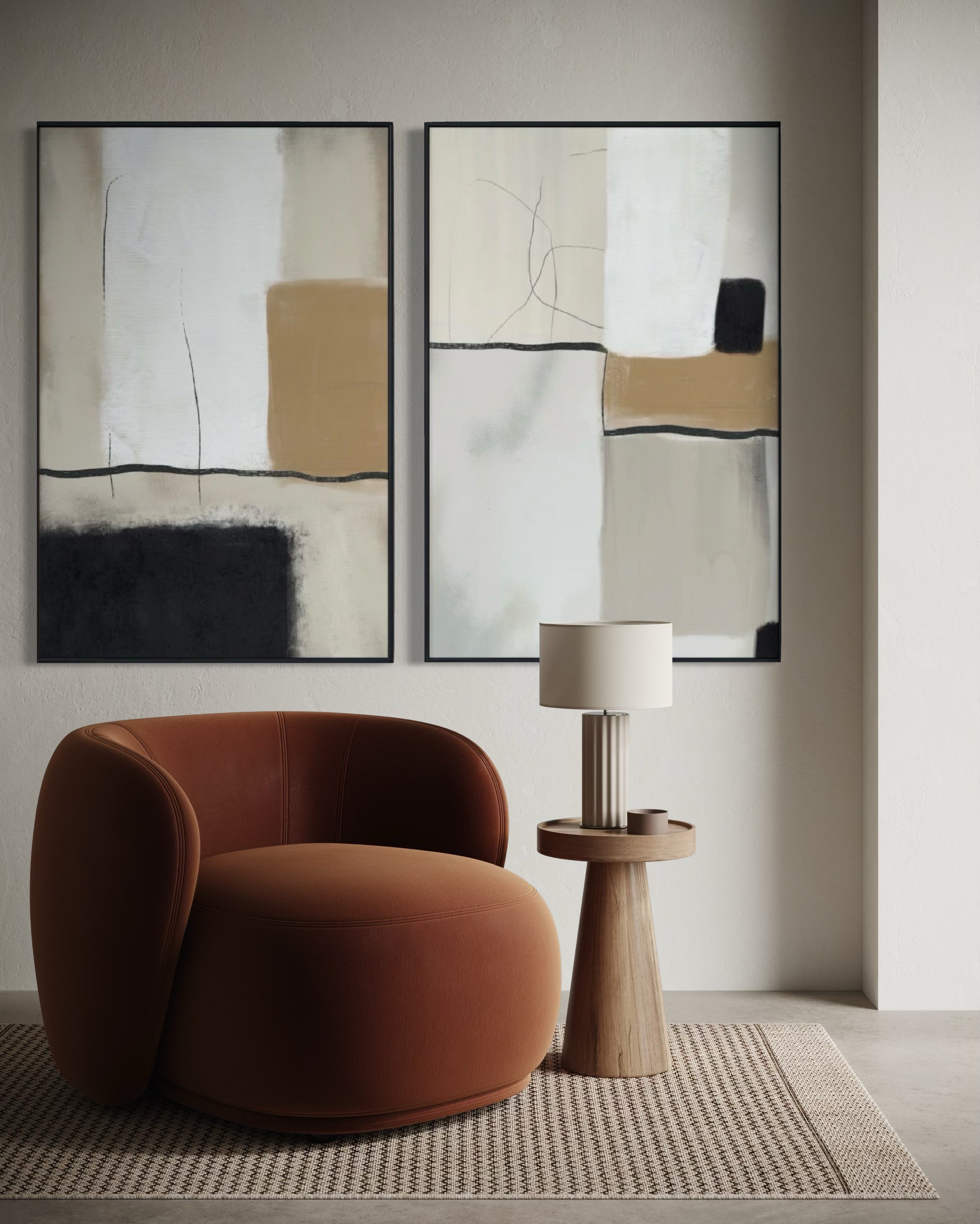 Set Cuadros Decorativos Abstracto Negro Arena 2 - 217 - Diptico Moderno y Elegante Arte Estilo Nordico Tonos Neutros