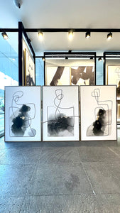 Set 3 Cuadros Decorativos Abstracto Negro Arena 010 - Trazo Línea Continua Siluetas Femeninas Estilo Boho Minimalista - Triptico