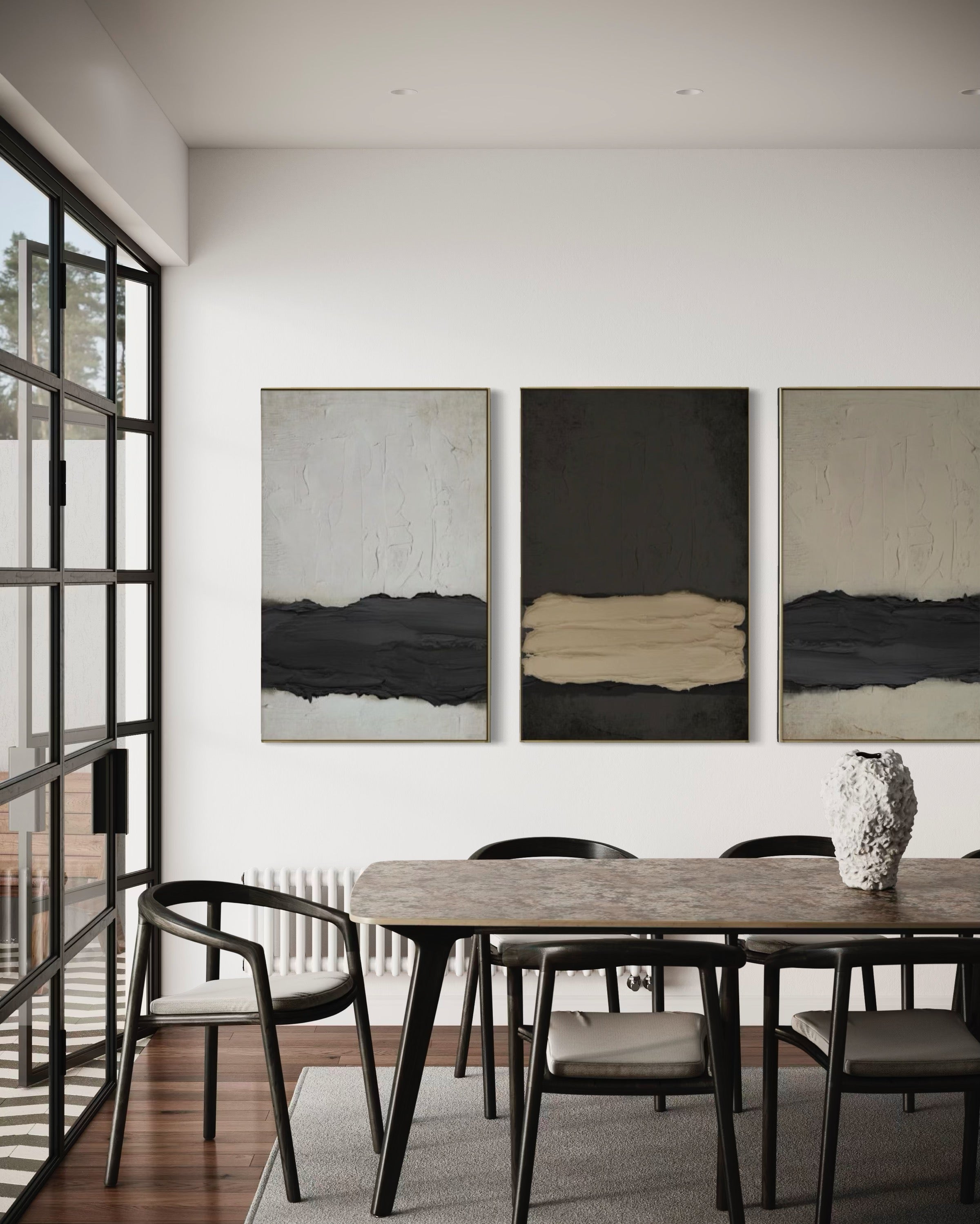 Set Cuadros Decorativos Abstracto Negro Arena 2 - 241 - Triptico Moderno y Elegante Arte Minimalista Estilo Nordico Tonos Neutros