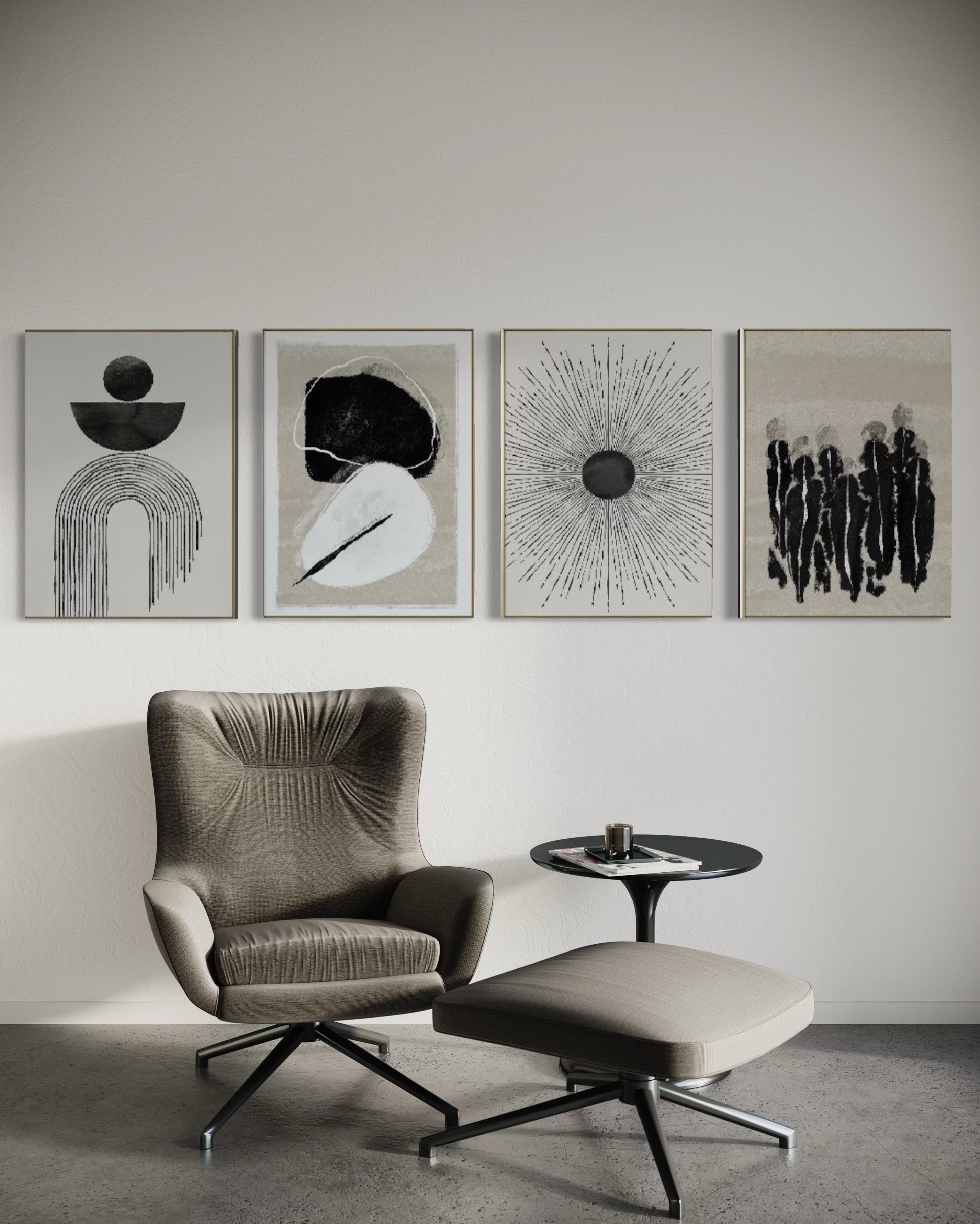 Set Cuadros Decorativos Abstracto Negro Arena 2 - 226C - 4piezas Arte Moderno y Elegante Estilo Nordico Boho en Tonos Neutros