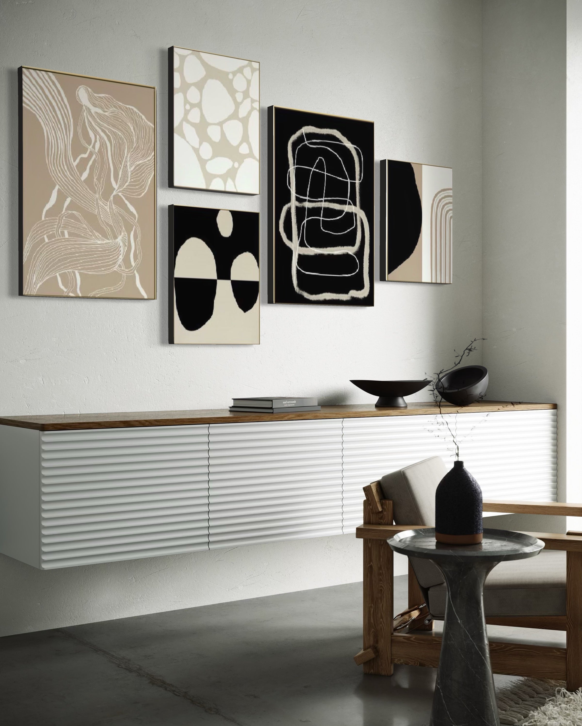 Set Cuadros Decorativos Abstracto Negro Arena 2 - 230A- 5piezas Arte Moderno Estilo Nordico Tonos Neutros