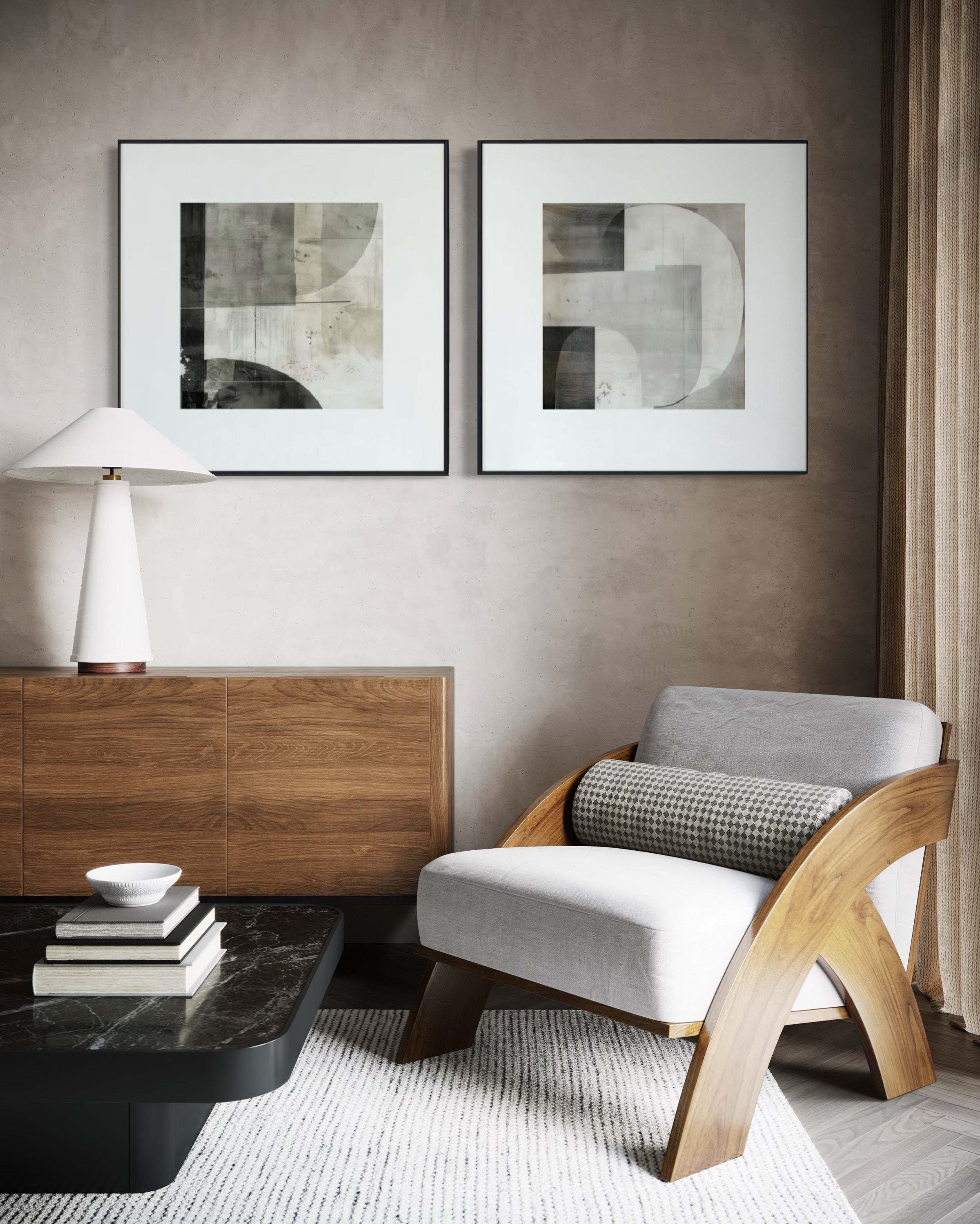 Set Cuadros Decorativos Abstracto Negro Arena 2 - 232 - Diptico Moderno Arte Minimalista Estilo Nordico Tonos Neutros