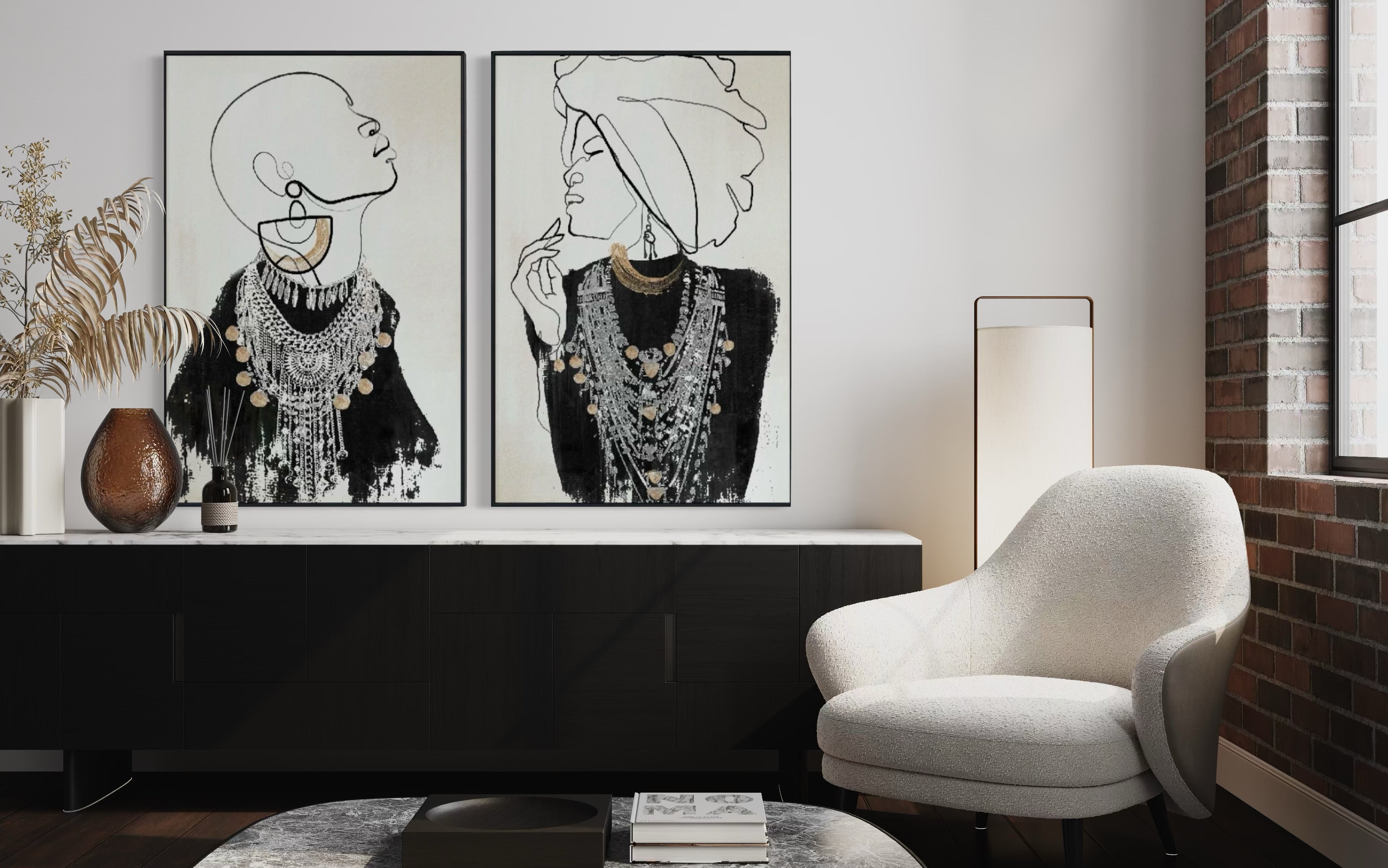 Set Cuadros Decorativos Abstracto Negro Arena 2 - 213 - Diptico Moderno Estilo Boho Mujeres Afro Arte Lineal En tonos Neutros y un toque de Dorado  Oro