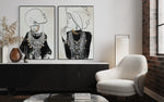 Cargar imagen en el visor de la galería, Set Cuadros Decorativos Abstracto Negro Arena 2 - 213 - Diptico Moderno Estilo Boho Mujeres Afro Arte Lineal En tonos Neutros y un toque de Dorado  Oro
