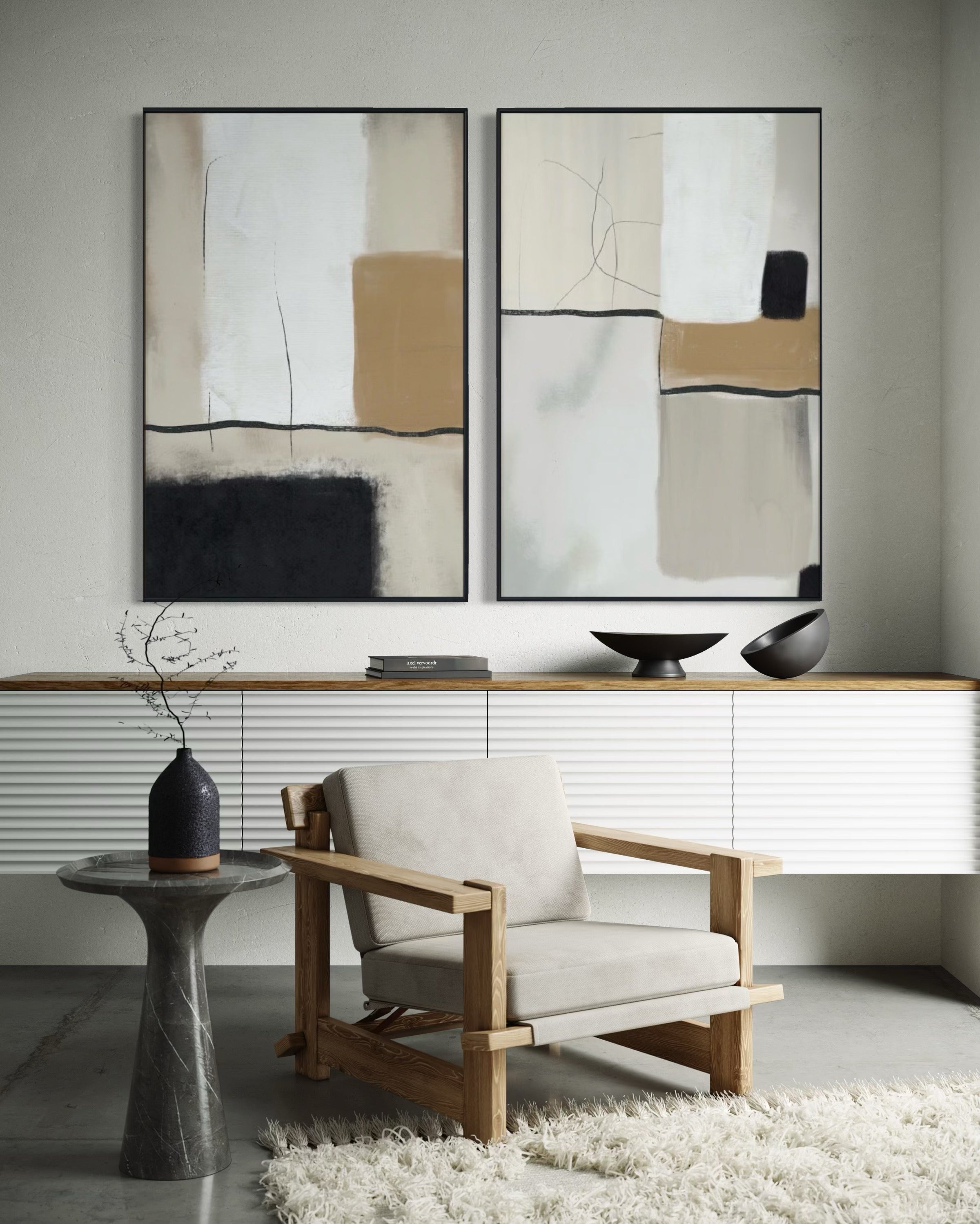 Set Cuadros Decorativos Abstracto Negro Arena 2 - 217 - Diptico Moderno y Elegante Arte Estilo Nordico Tonos Neutros